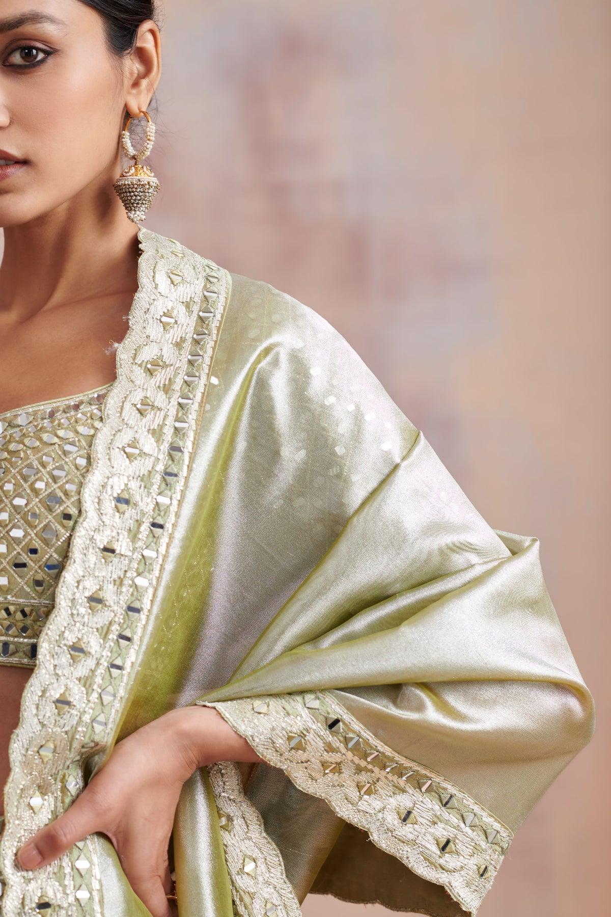 Sage green slub silk lehenga set