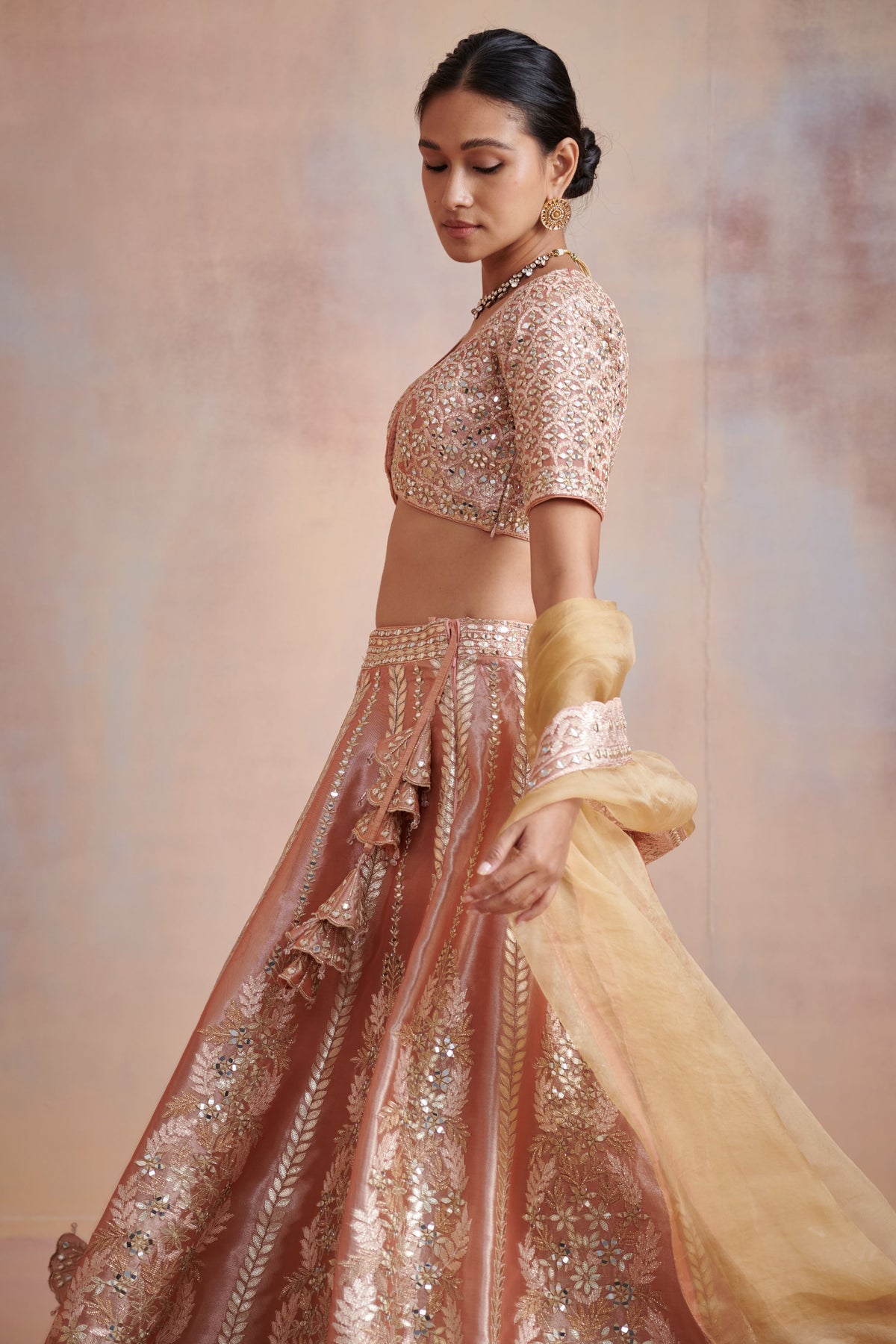 Melon orange tissue lehenga set