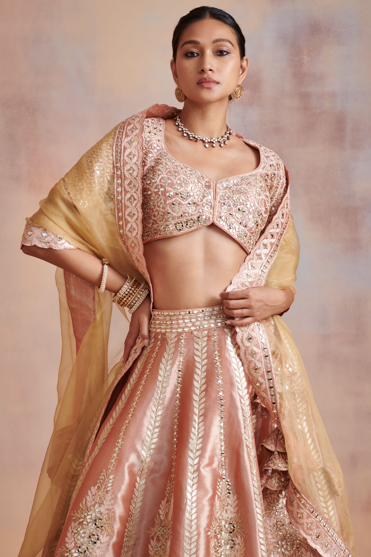 Melon orange tissue lehenga set