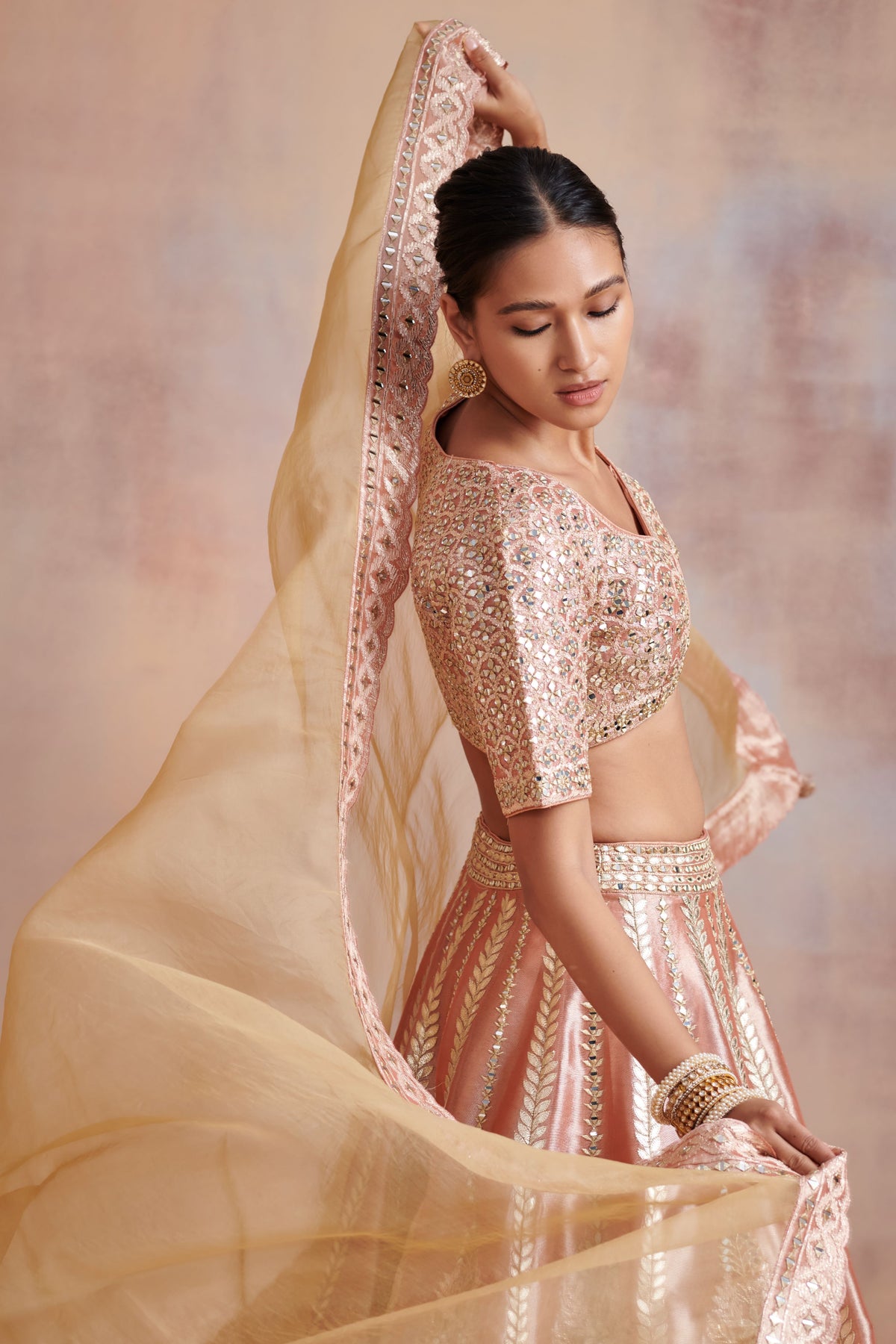 Melon orange tissue lehenga set