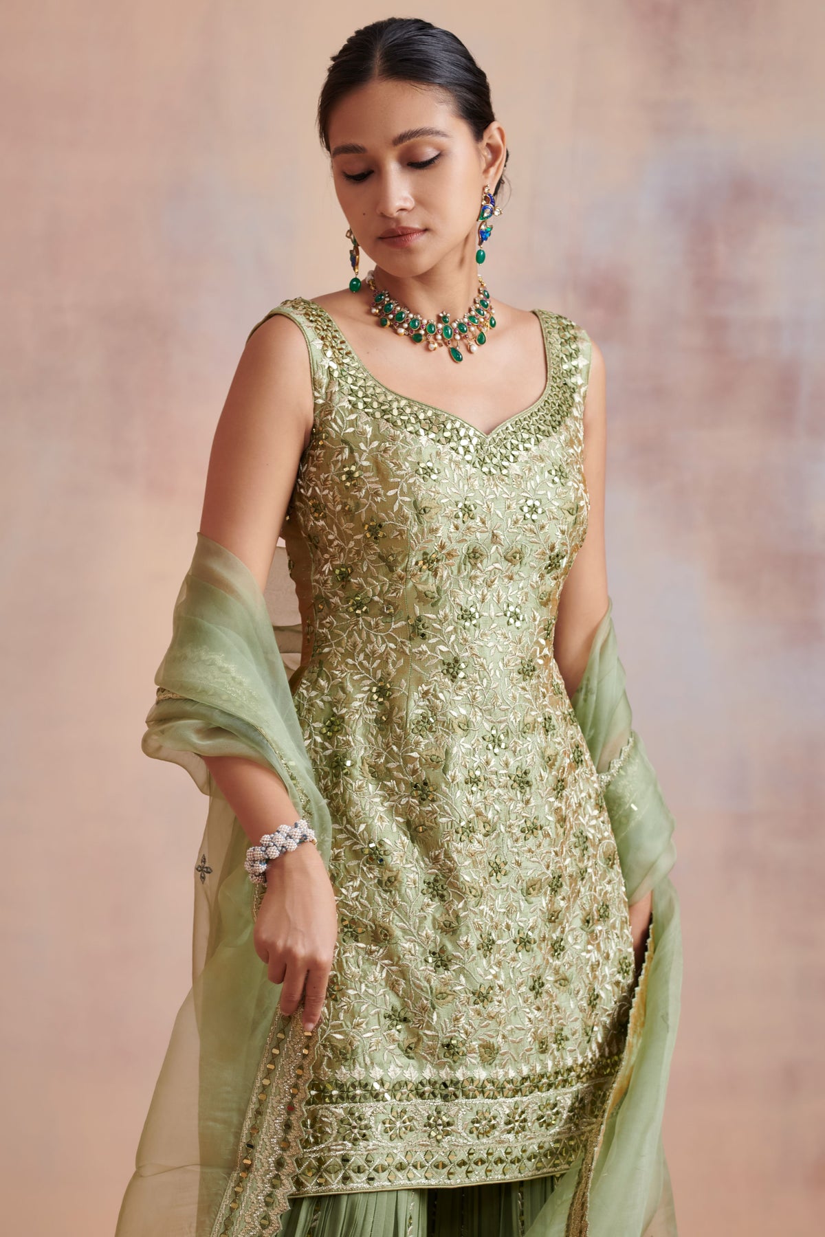 Sage green slub silk kurta set