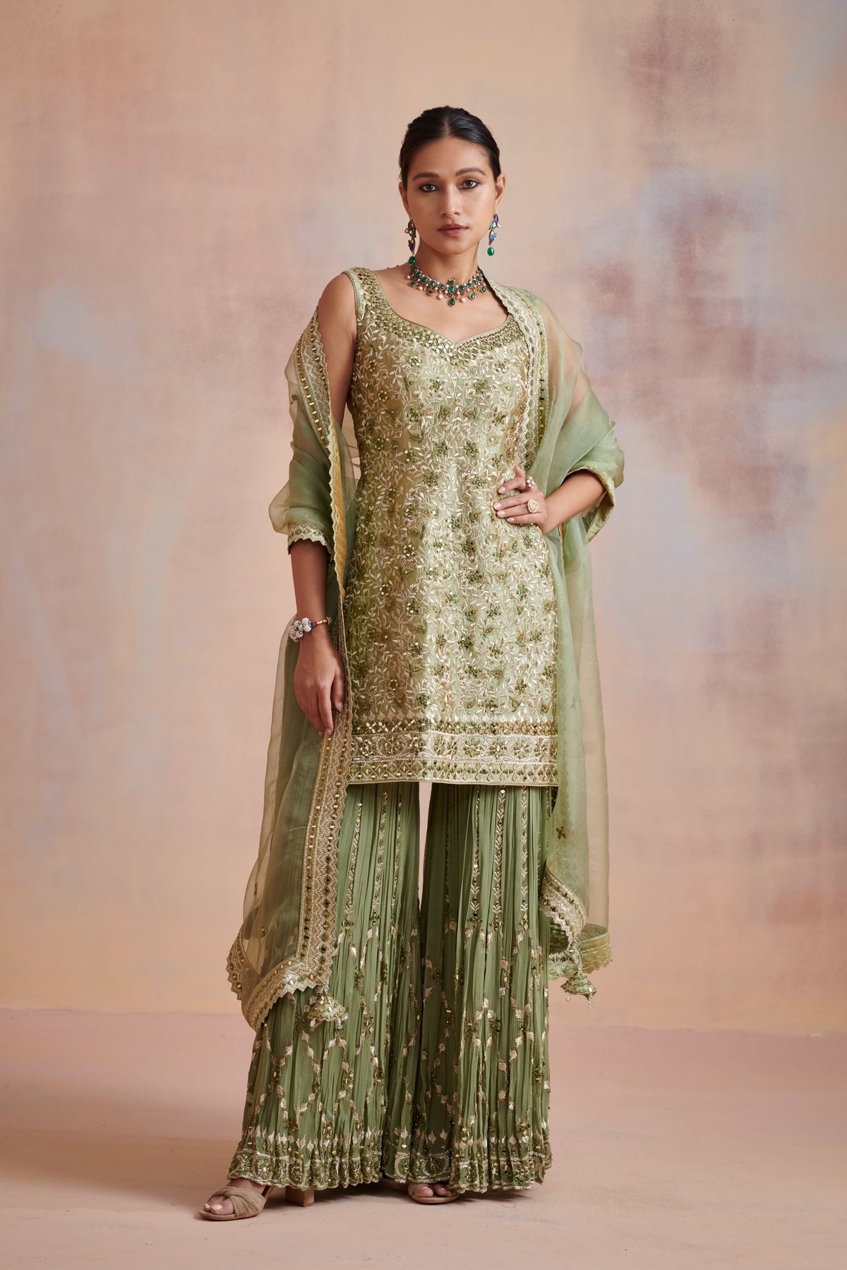 Sage green slub silk kurta set