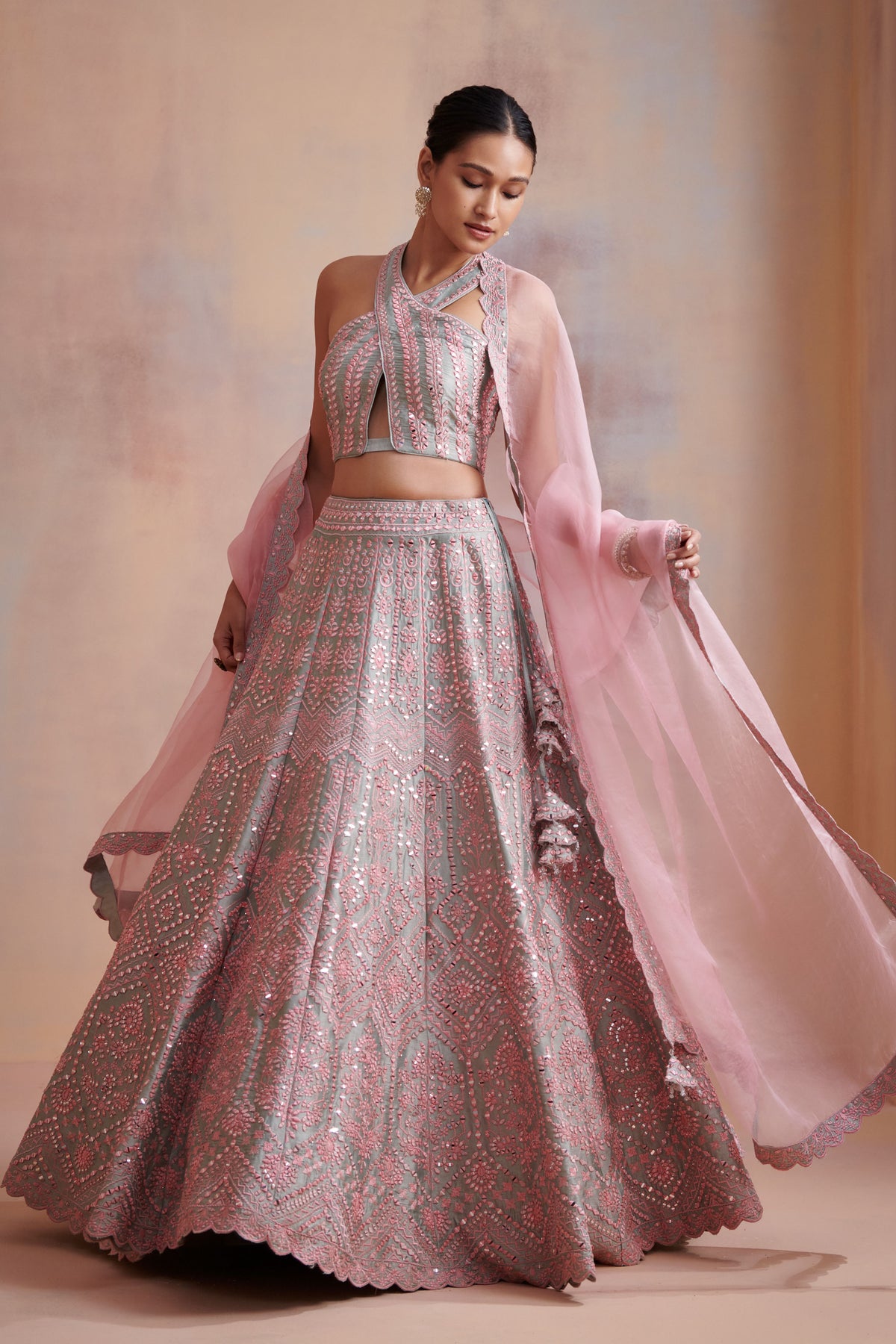 Ice blue slub silk lehenga set