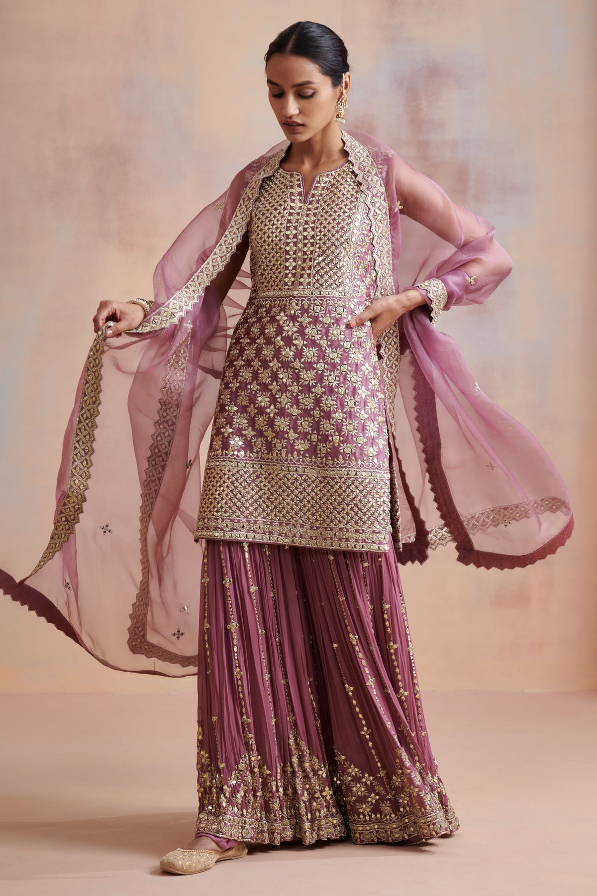 Plum slub silk kurta set