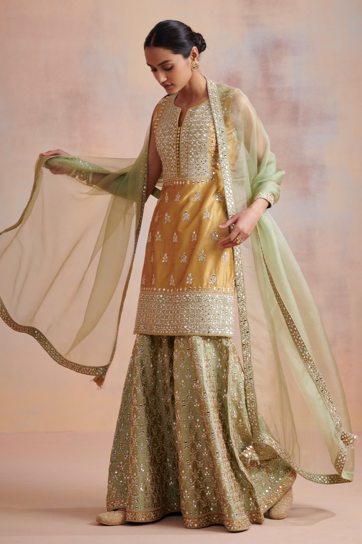 Mustard and sage green slub silk kurta set