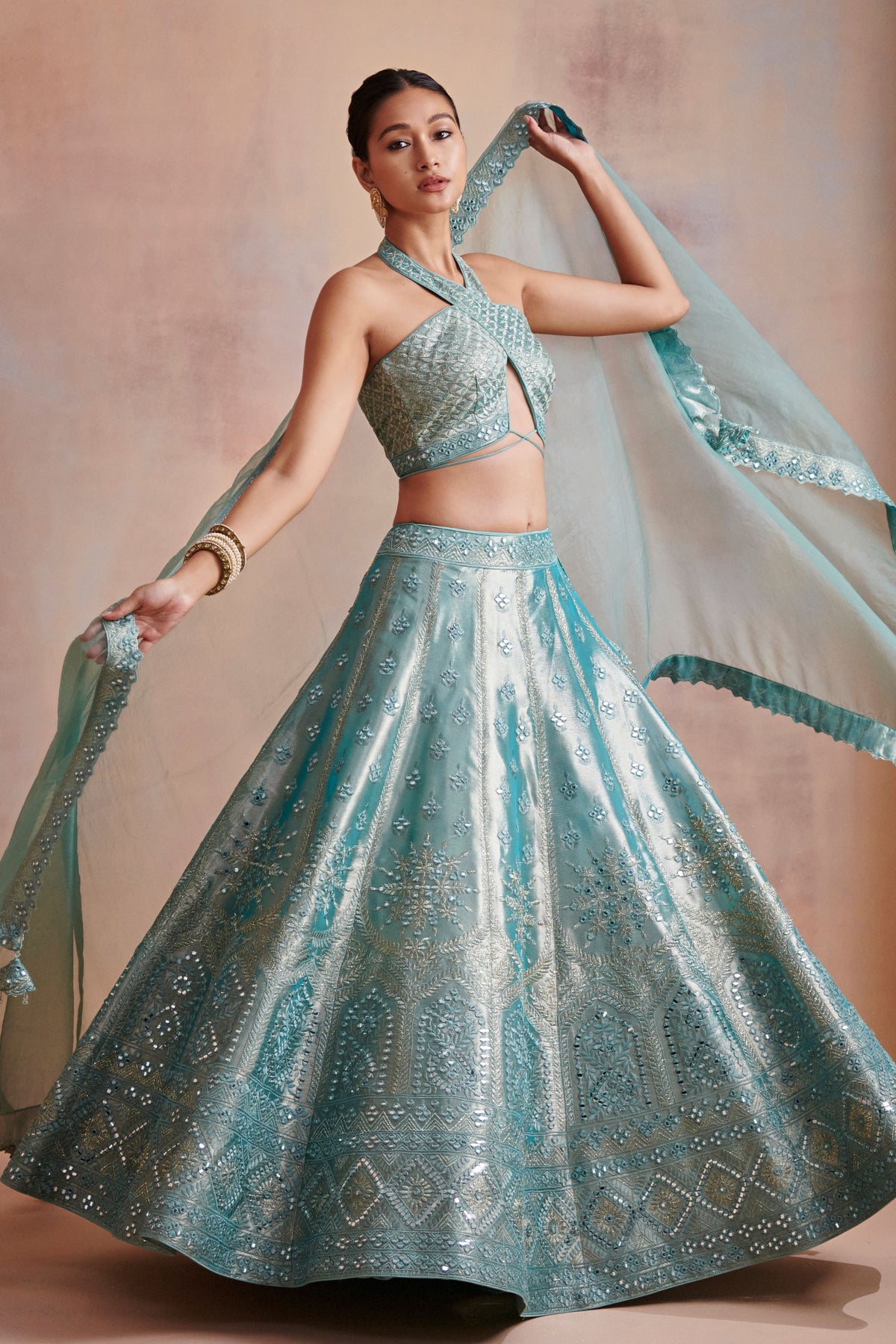 Turquoise tissue lehenga set