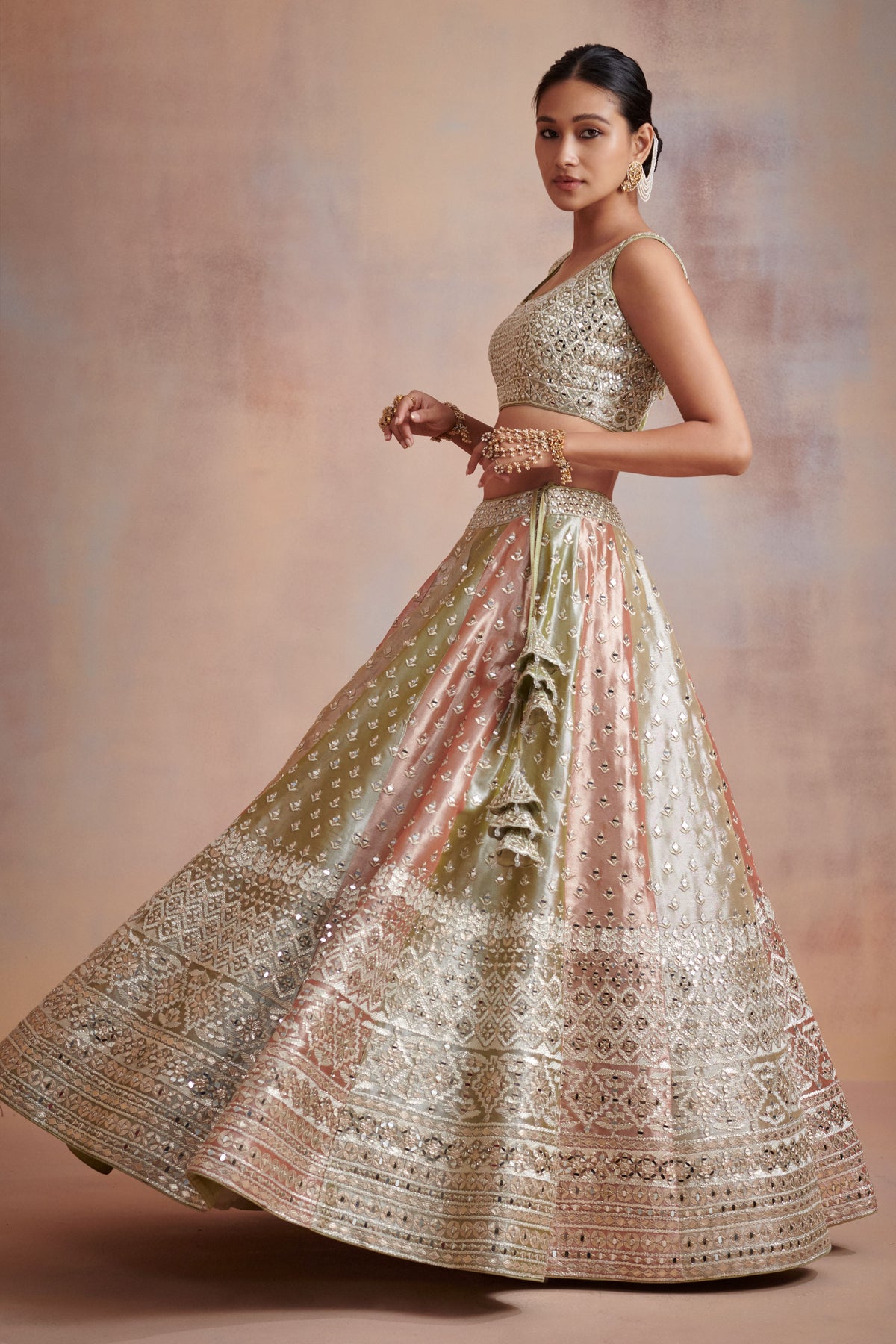 Tri coloured tissue lehenga set