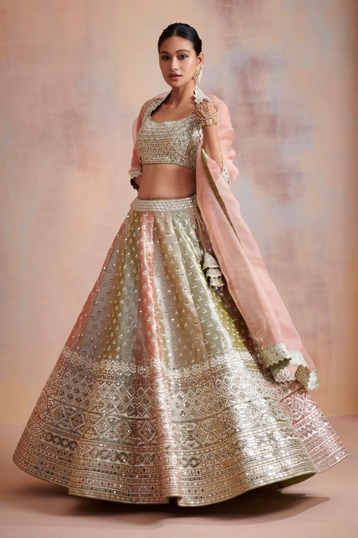 Tri coloured tissue lehenga set