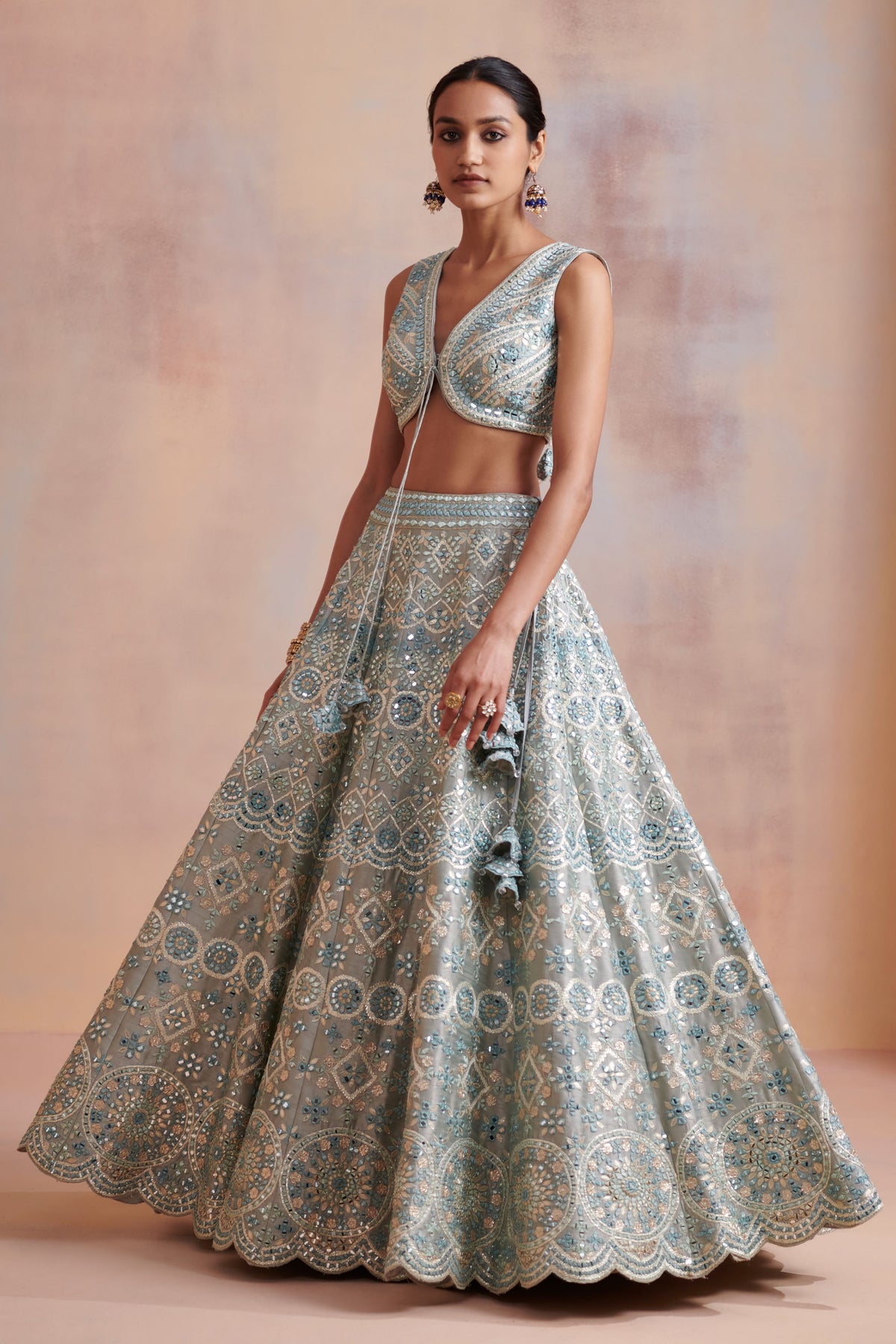 Ice blue slub silk lehenga set