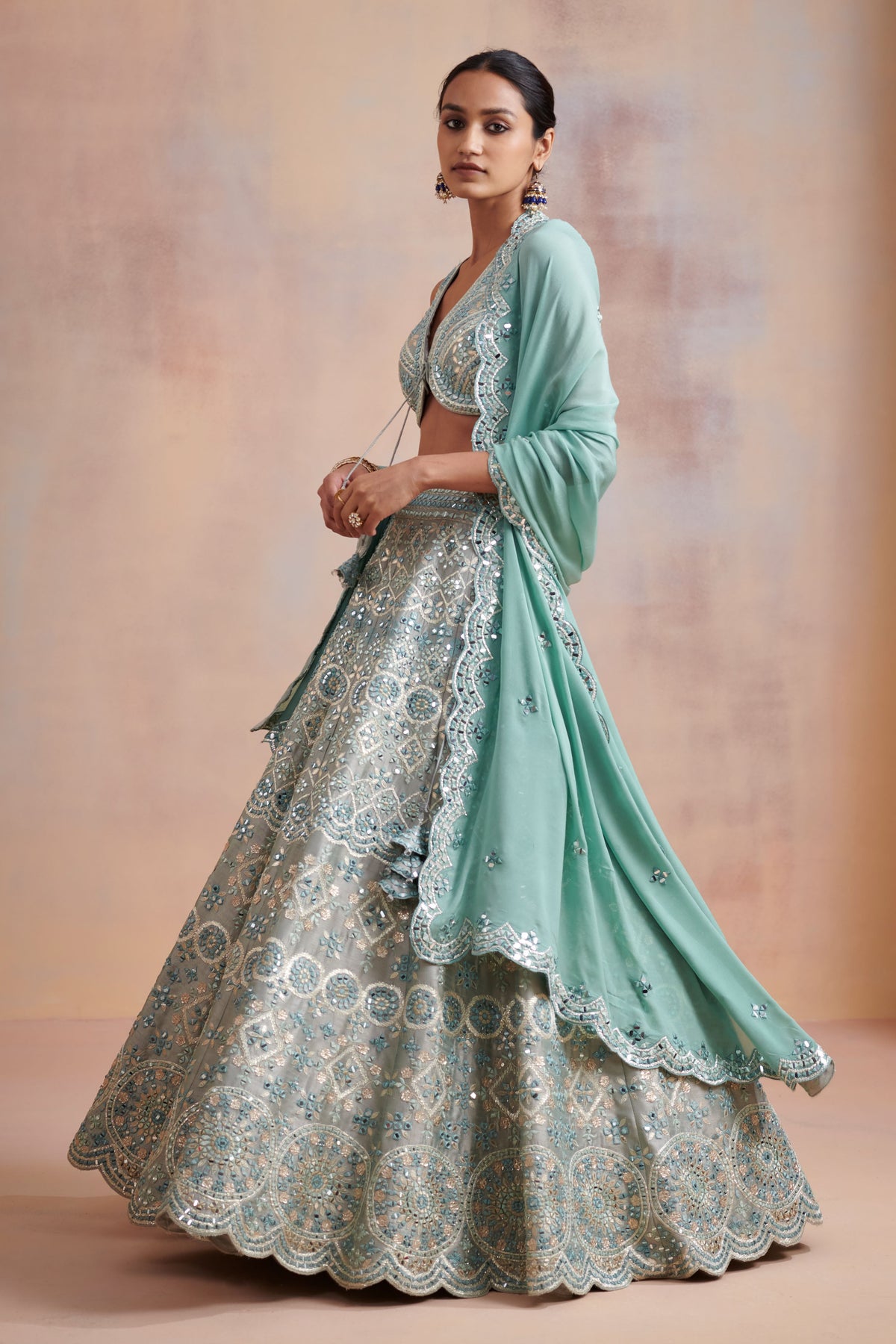 Ice blue slub silk lehenga set