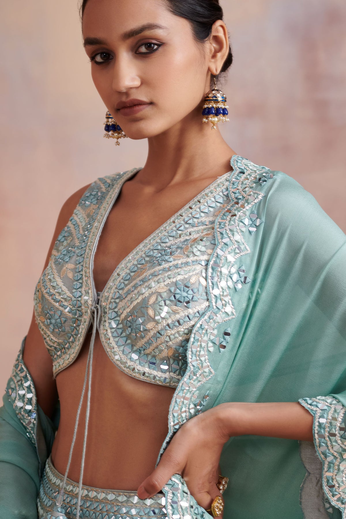 Ice blue slub silk lehenga set