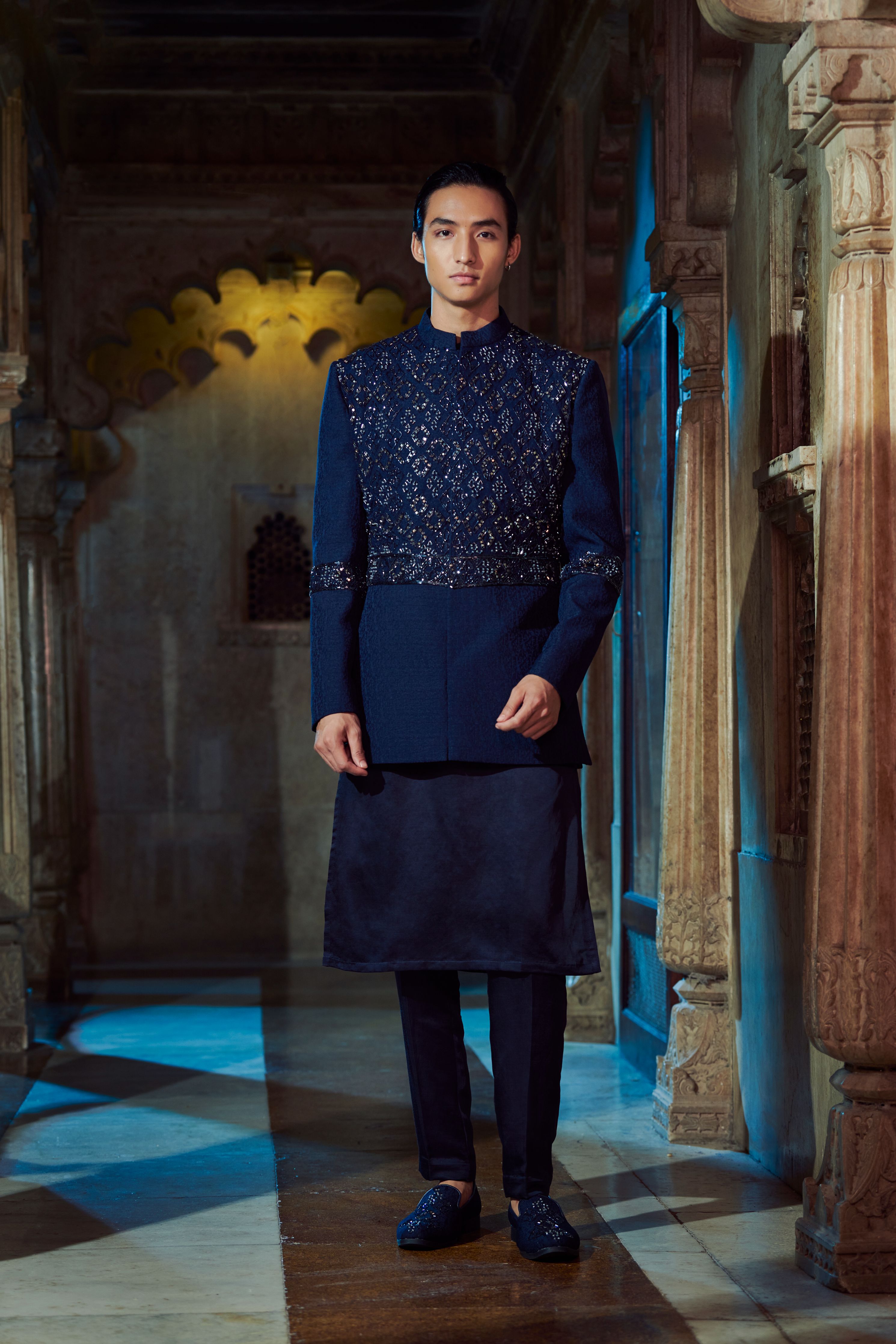 Blue Indo Kurta Set with Embroidered Kurta & Long Jacket | Ethnic Wear for  Men – Laromani