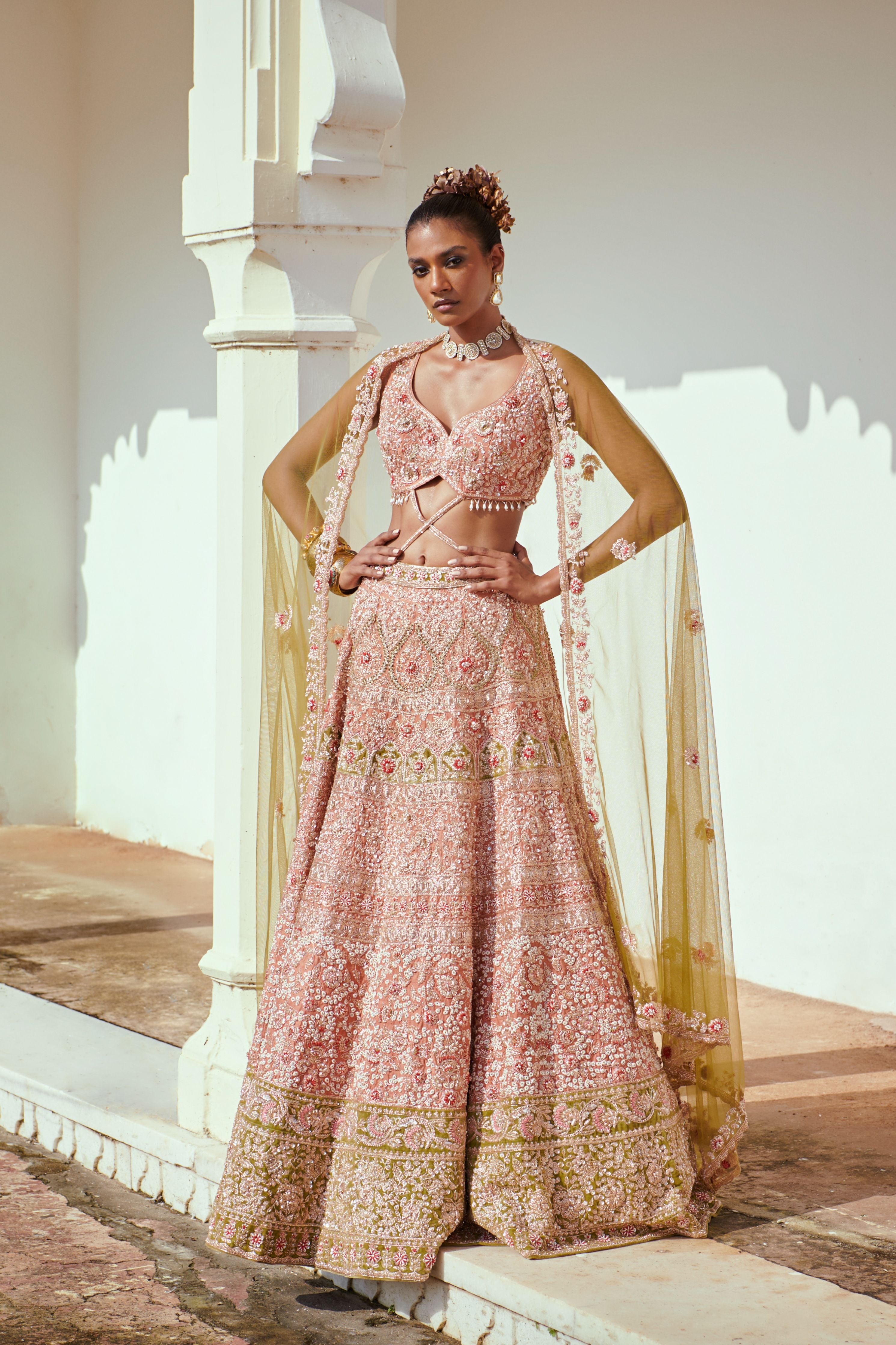 Buy Orange Tissue Embroidered Zari Work Leaf Mirror Bridal Lehenga Set For  Women by Suhino Online at Aza Fashions.