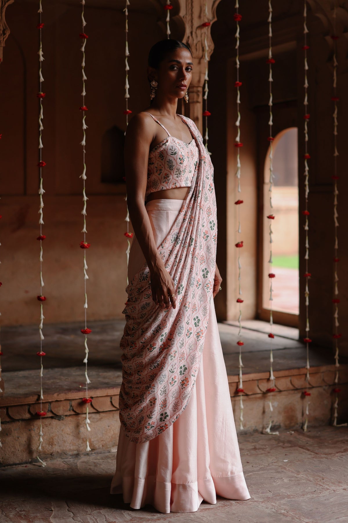 Pastel Pink Drape Saree Set