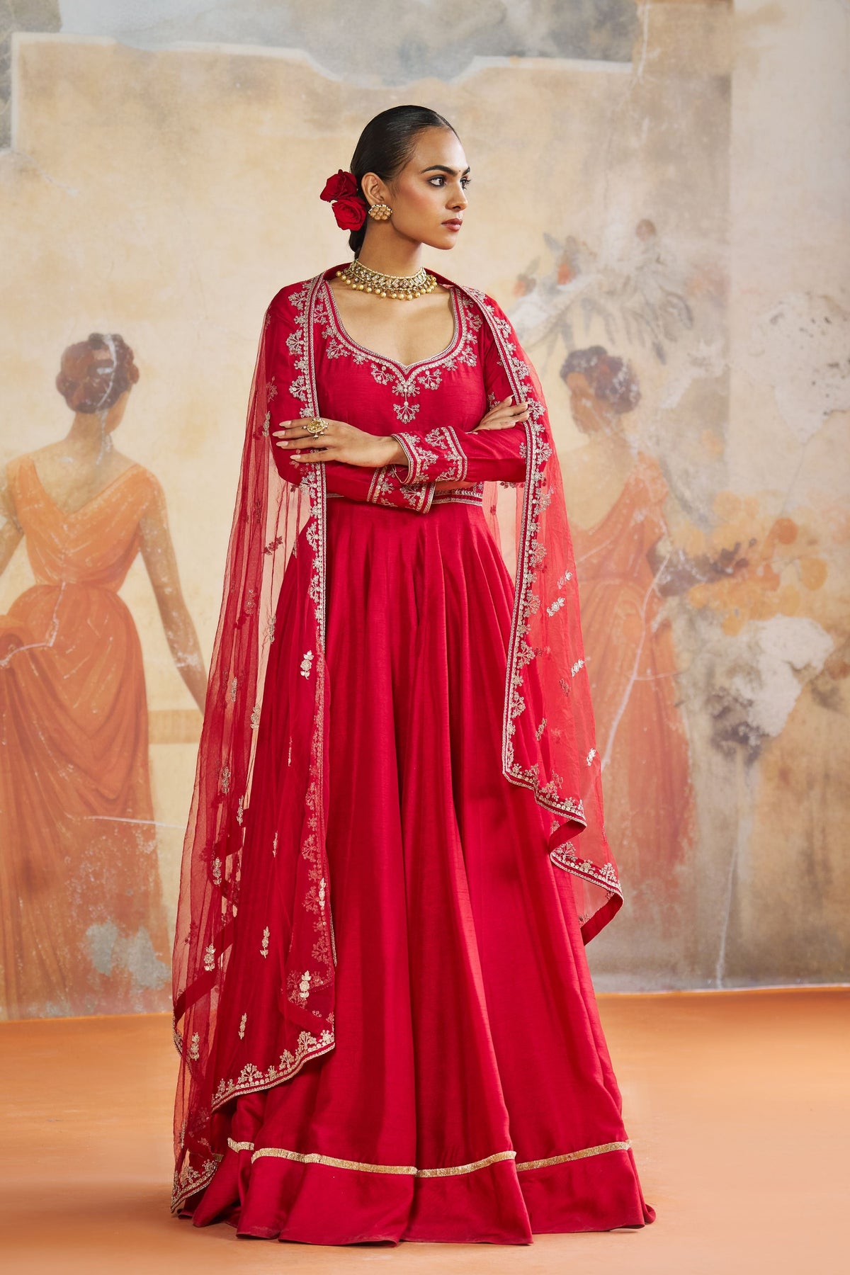 Red Silk Anarkali Set