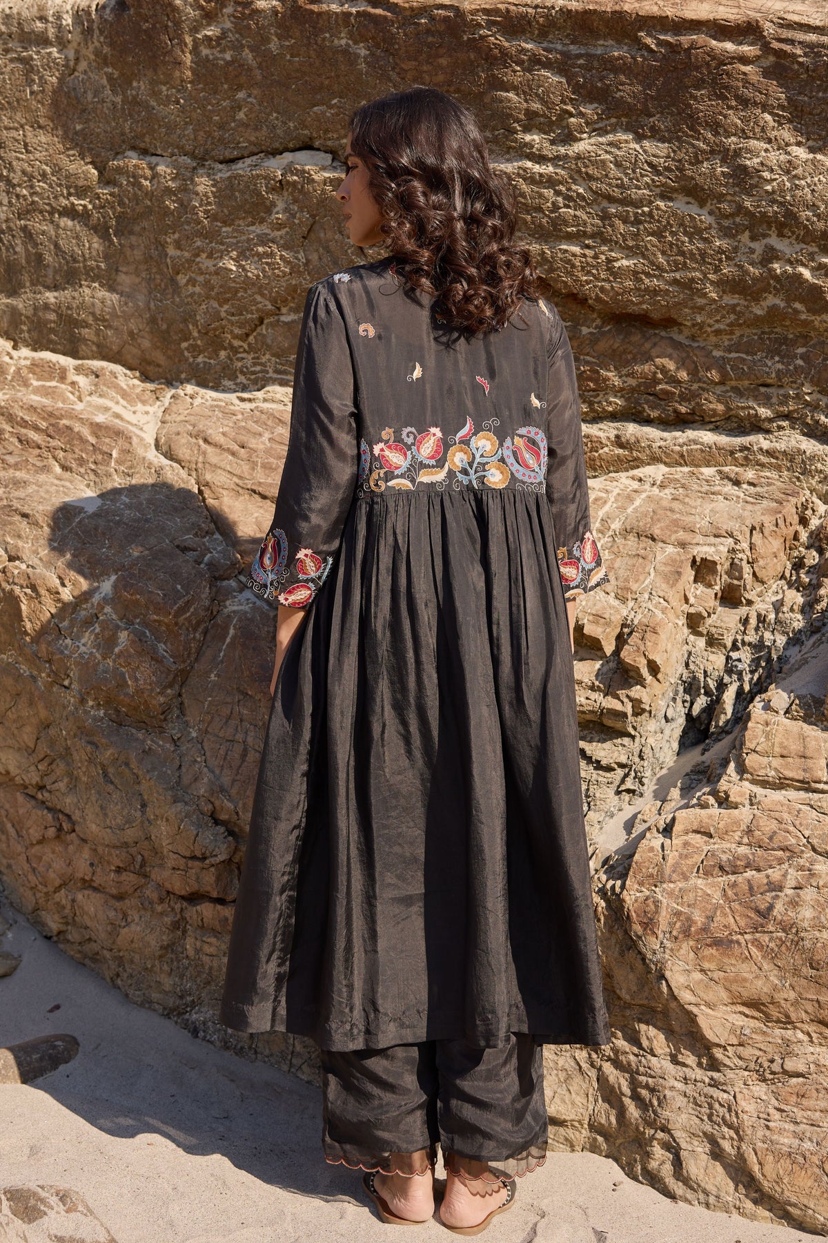 Black Button Down Flared Kurta