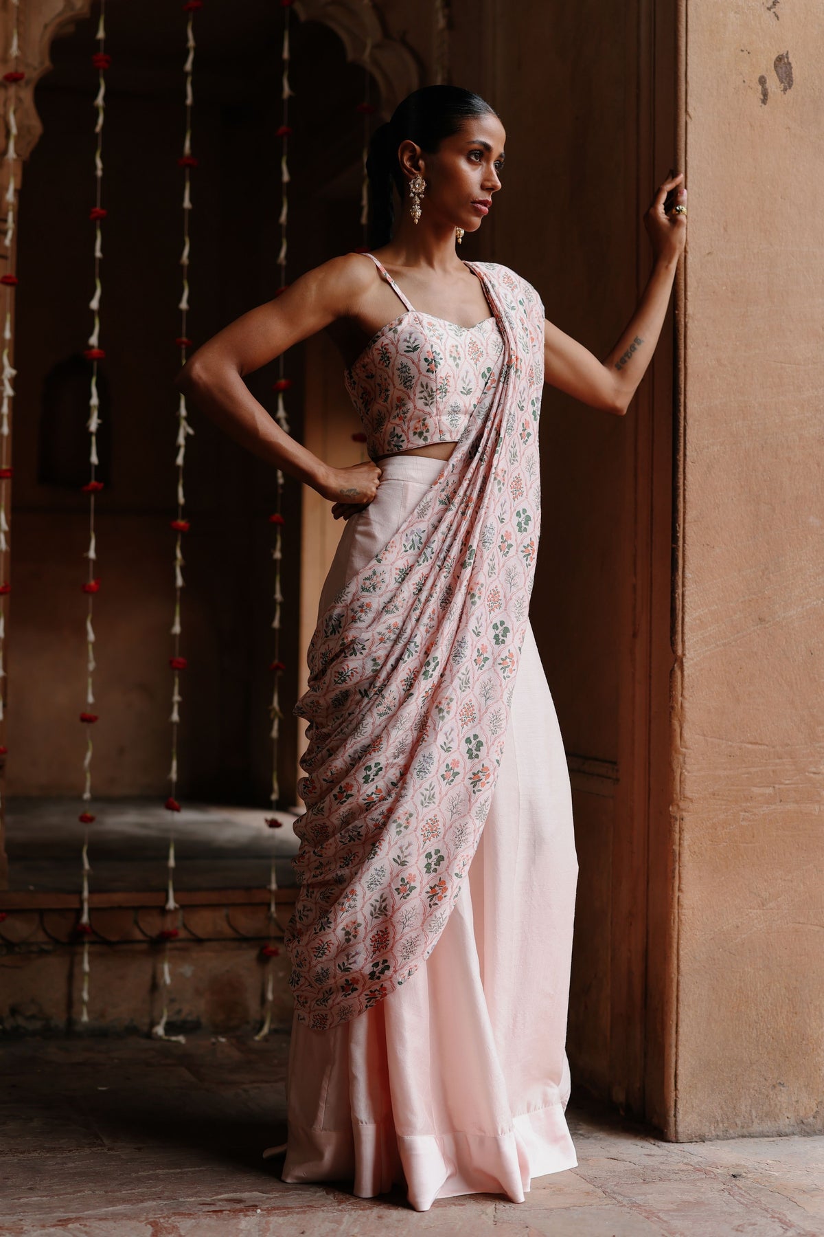 Pastel Pink Drape Saree Set