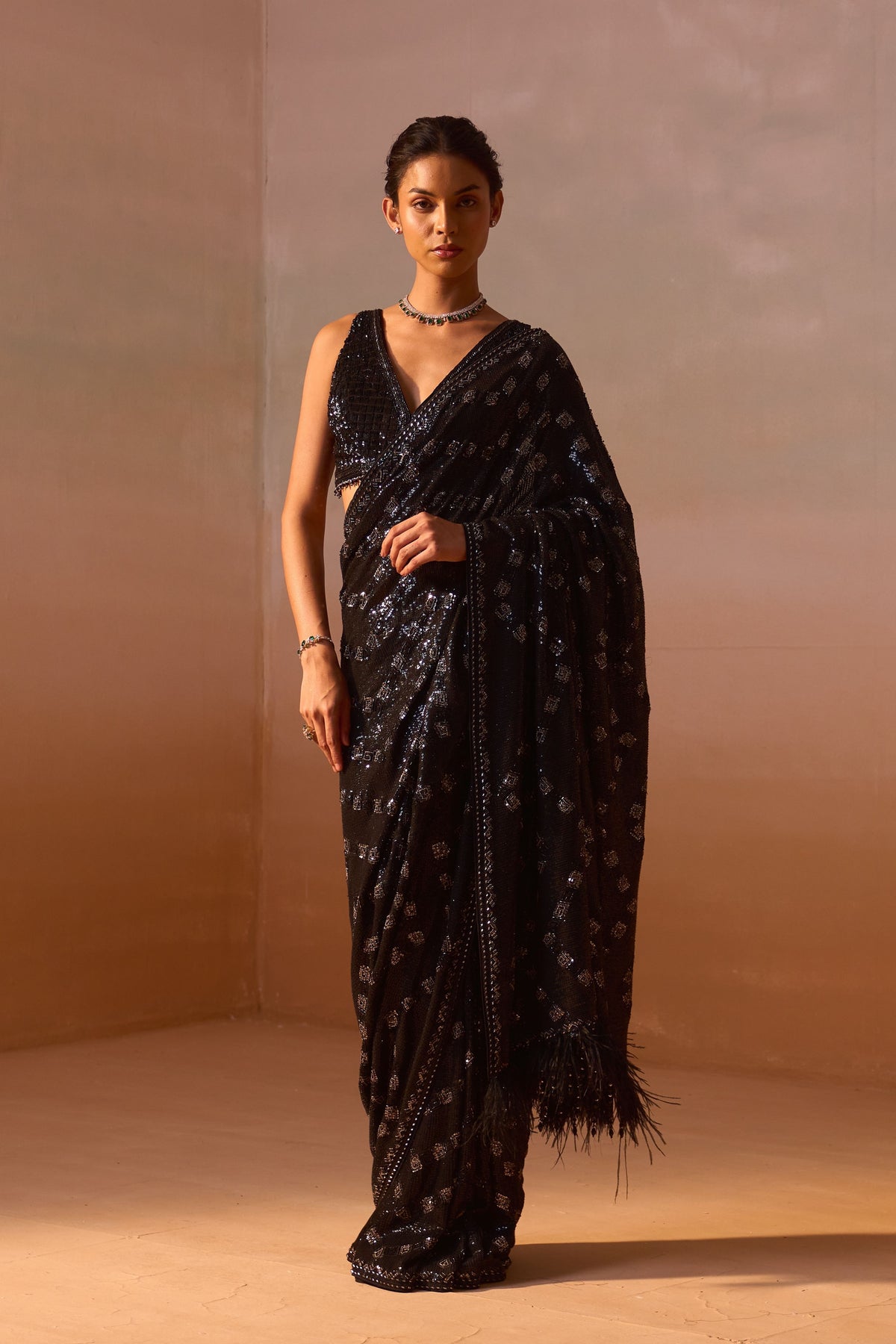 Black and Silver Grey Geometrical Saree