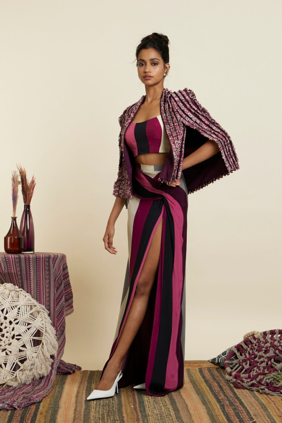 Merlot Textured Noor Jacket Set