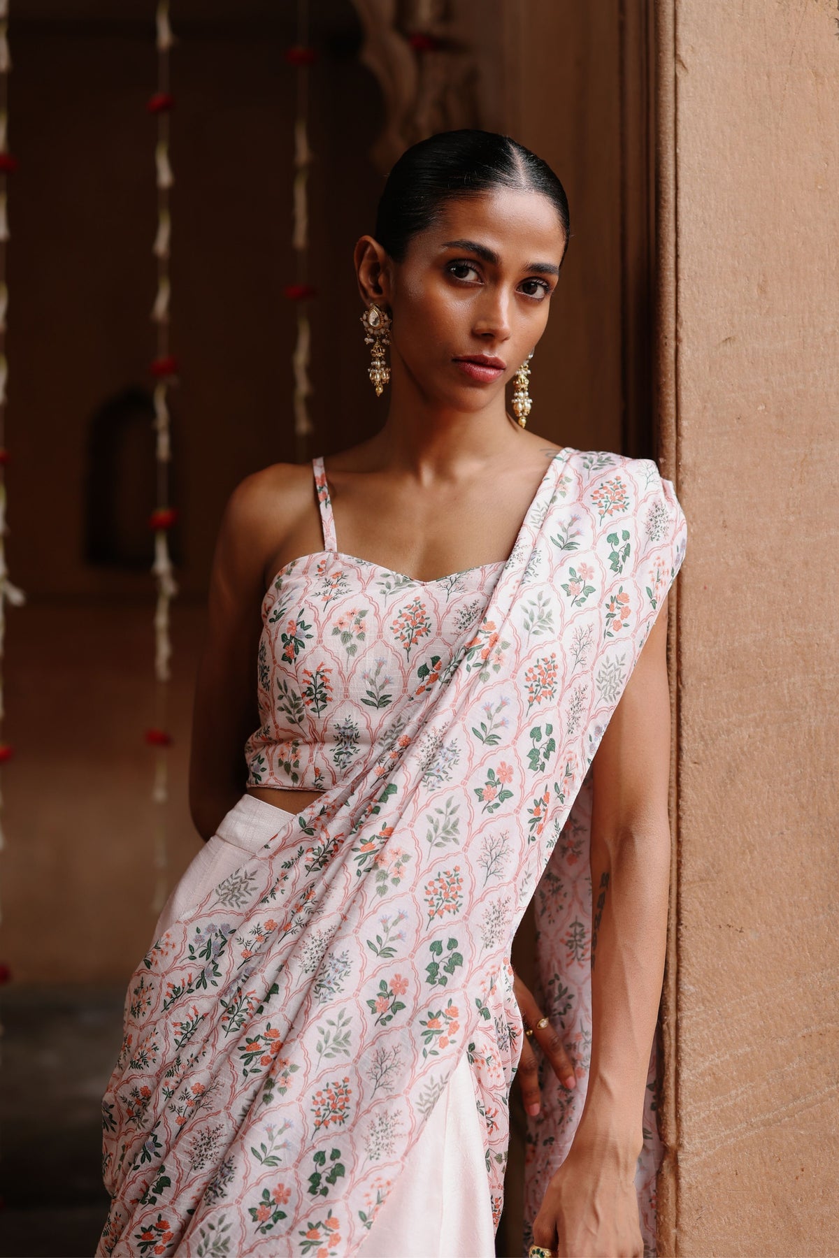 Pastel Pink Drape Saree Set