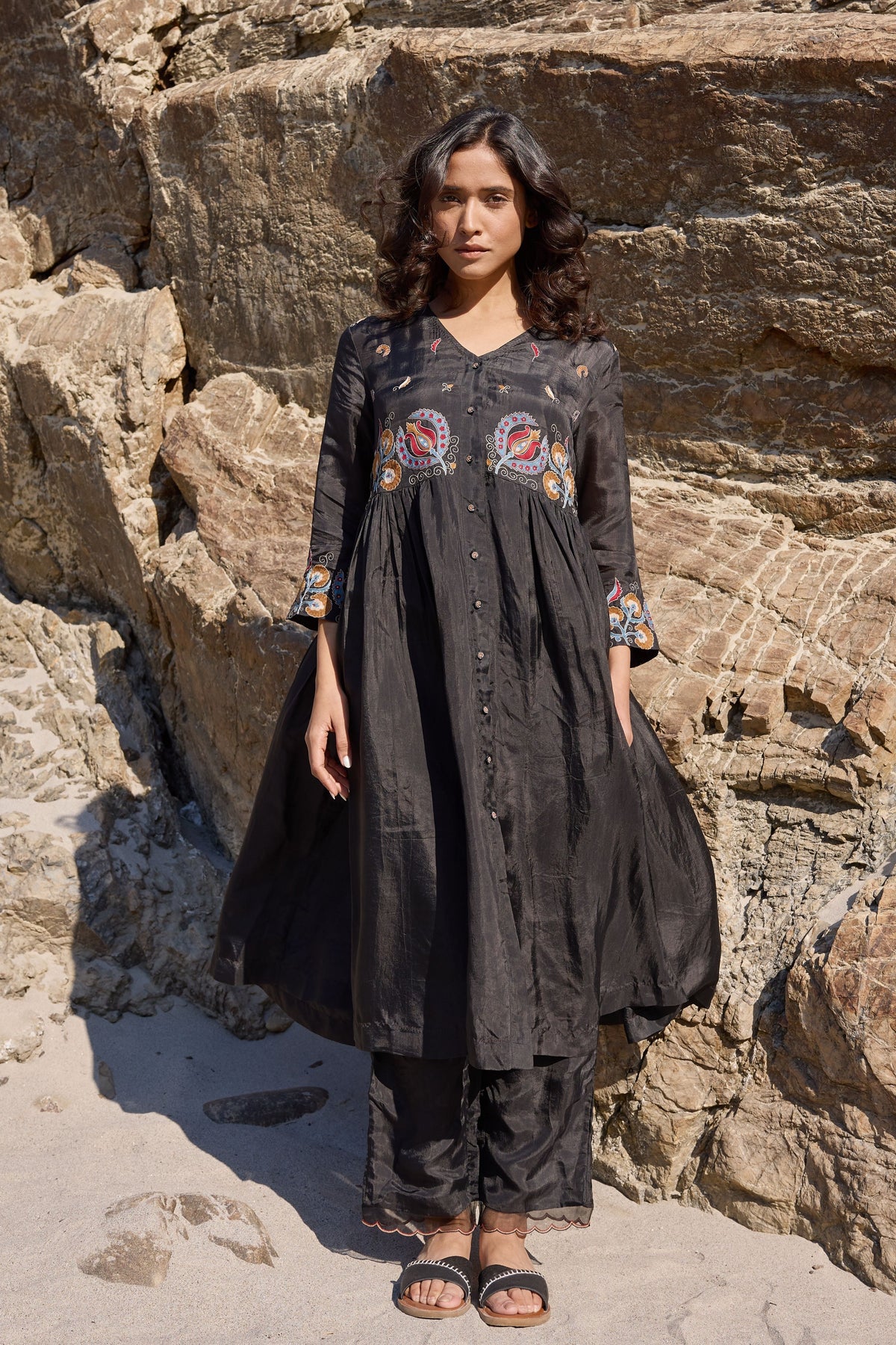 Black Button Down Flared Kurta