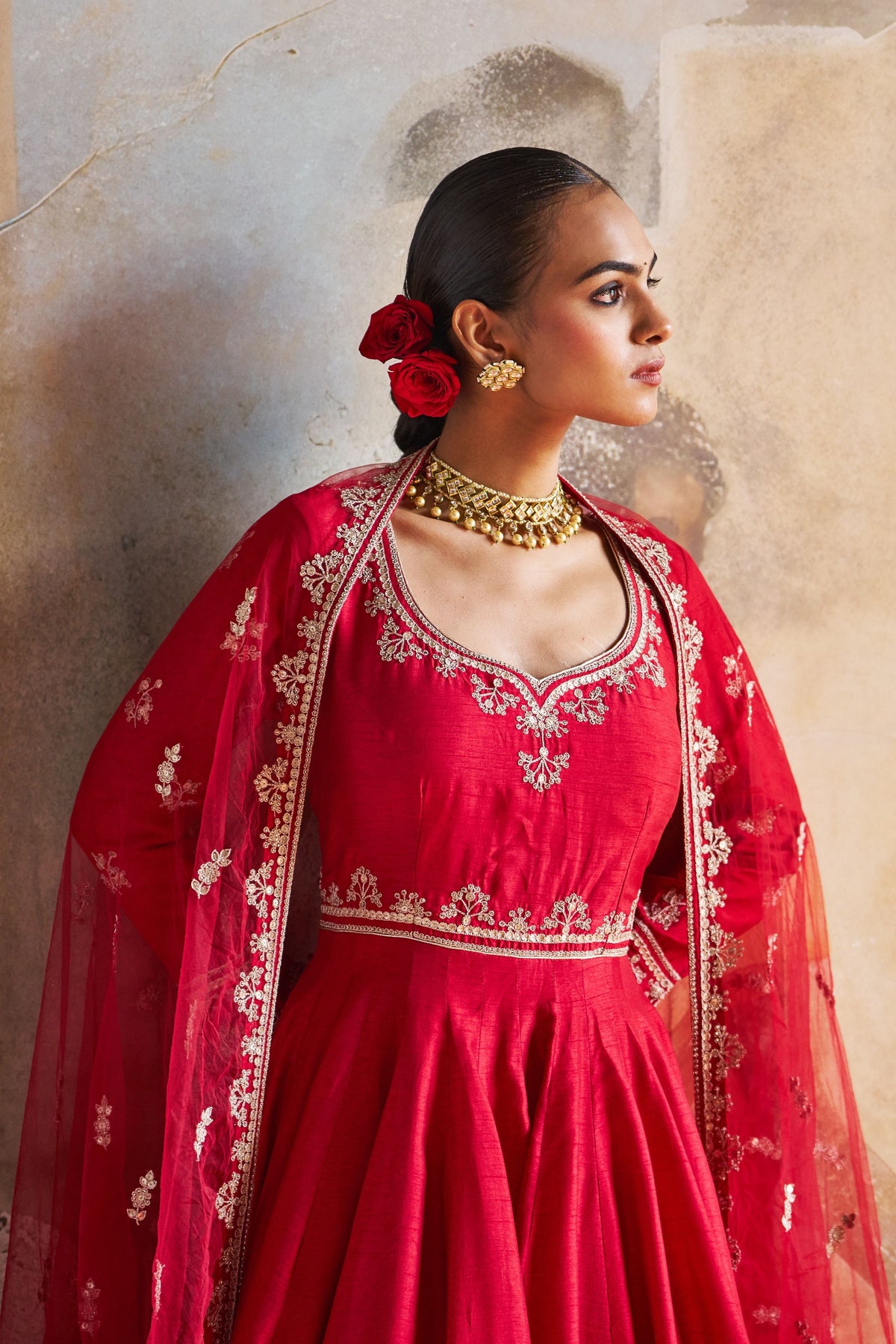 Red Silk Anarkali Set