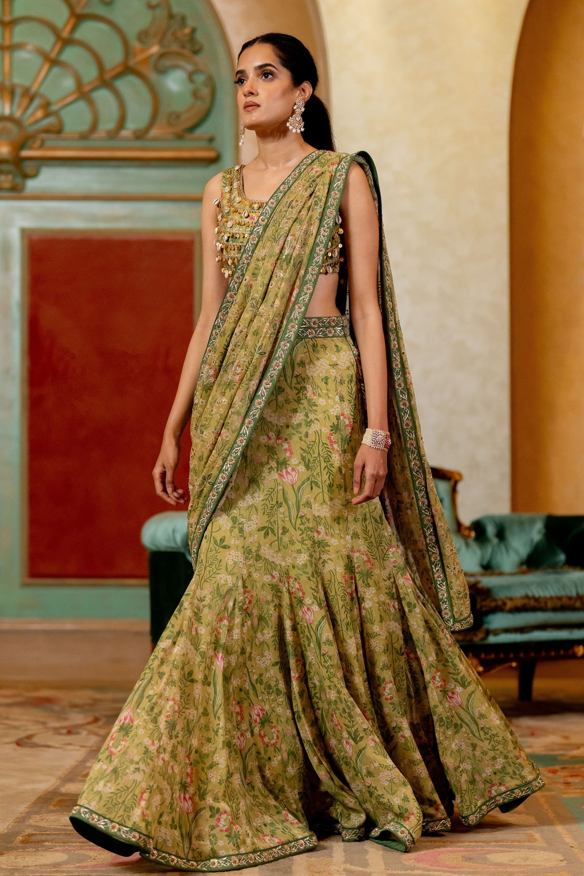 Sage Green Wild Floral Printed Saree Set