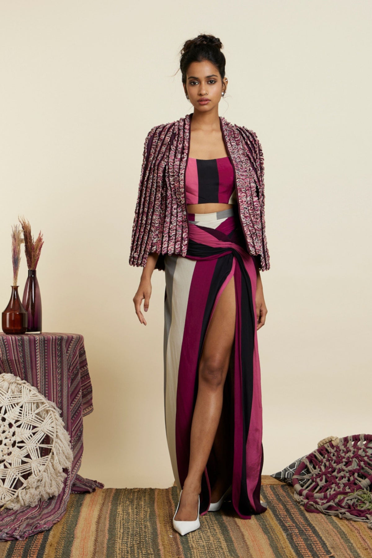 Merlot Textured Noor Jacket Set