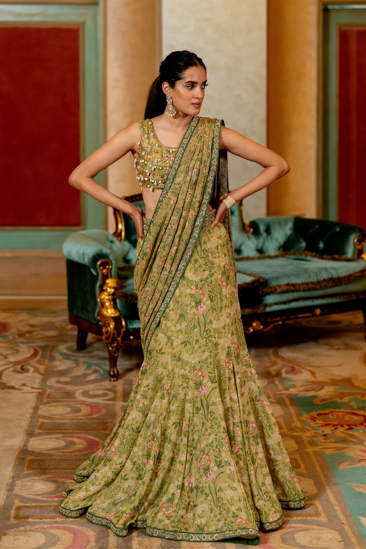 Sage Green Wild Floral Printed Saree Set