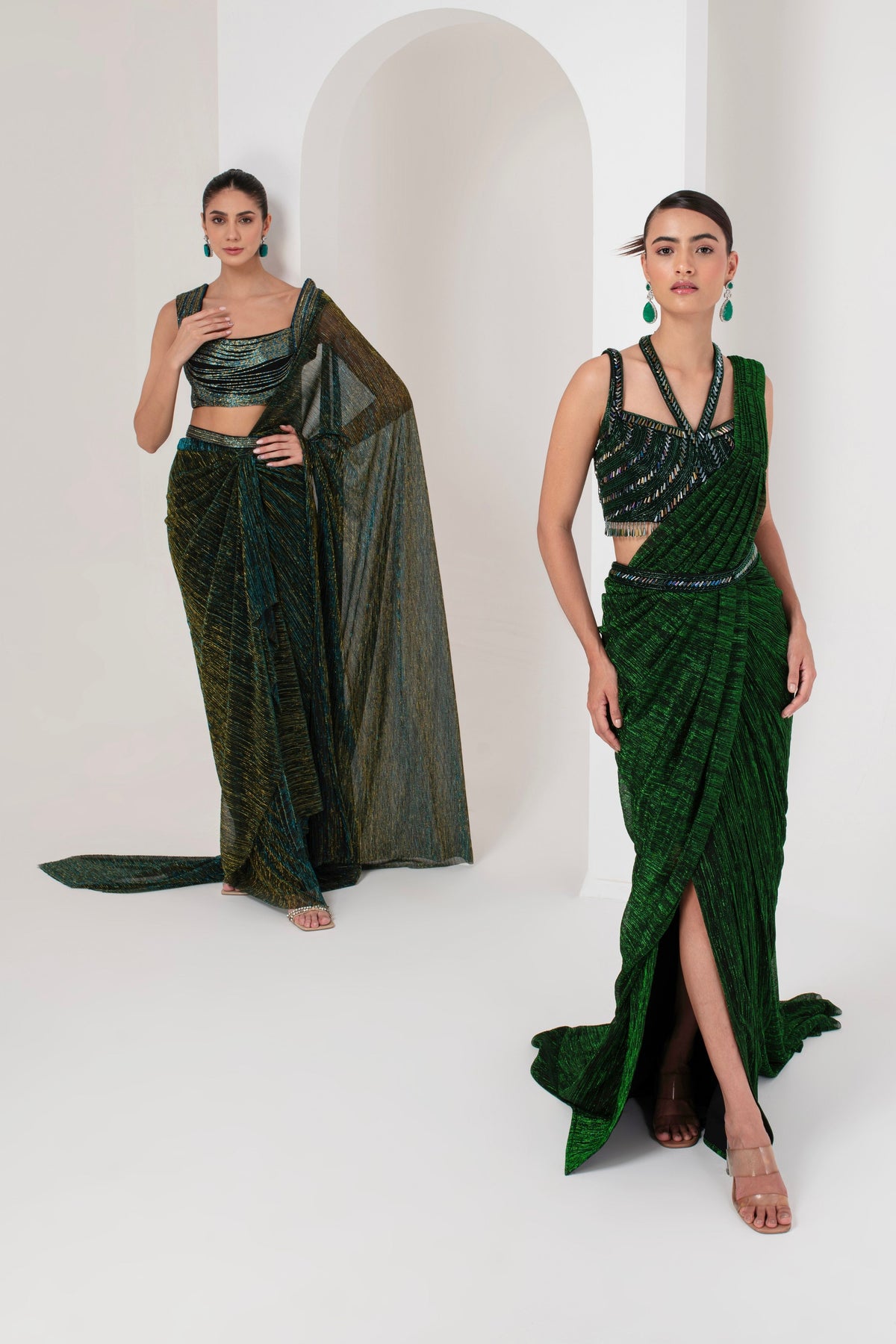 Midnight Green Crystal Saree Set