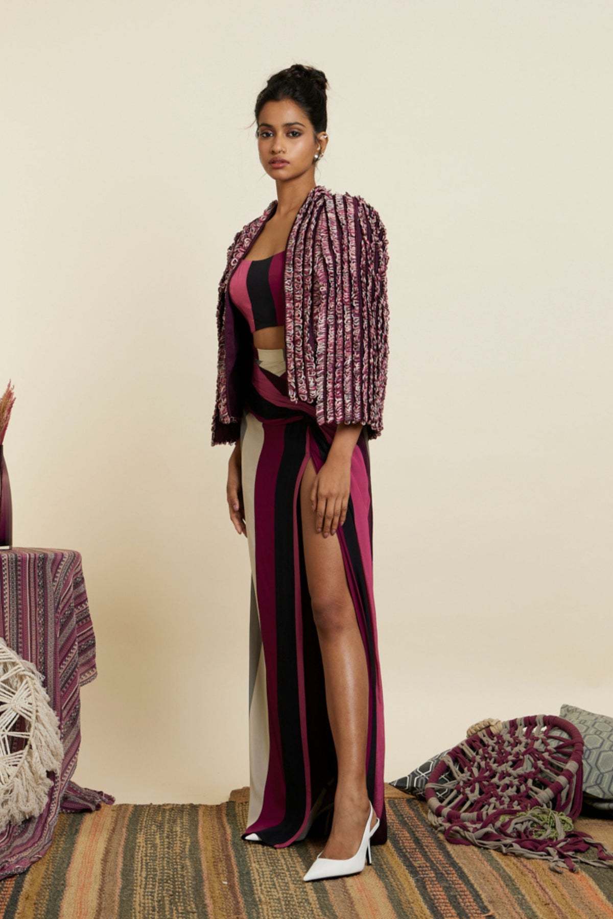 Merlot Textured Noor Jacket Set