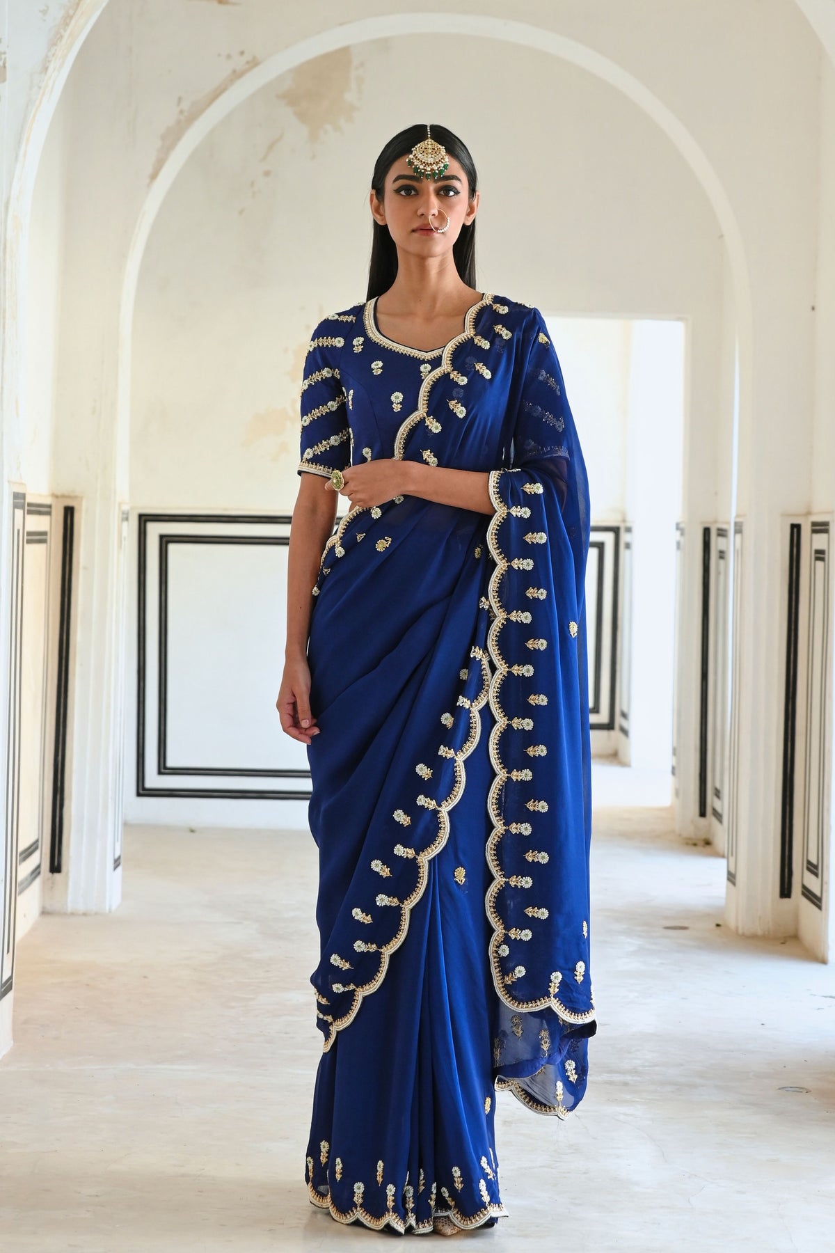 Royal Blue Embroidered Saree Set