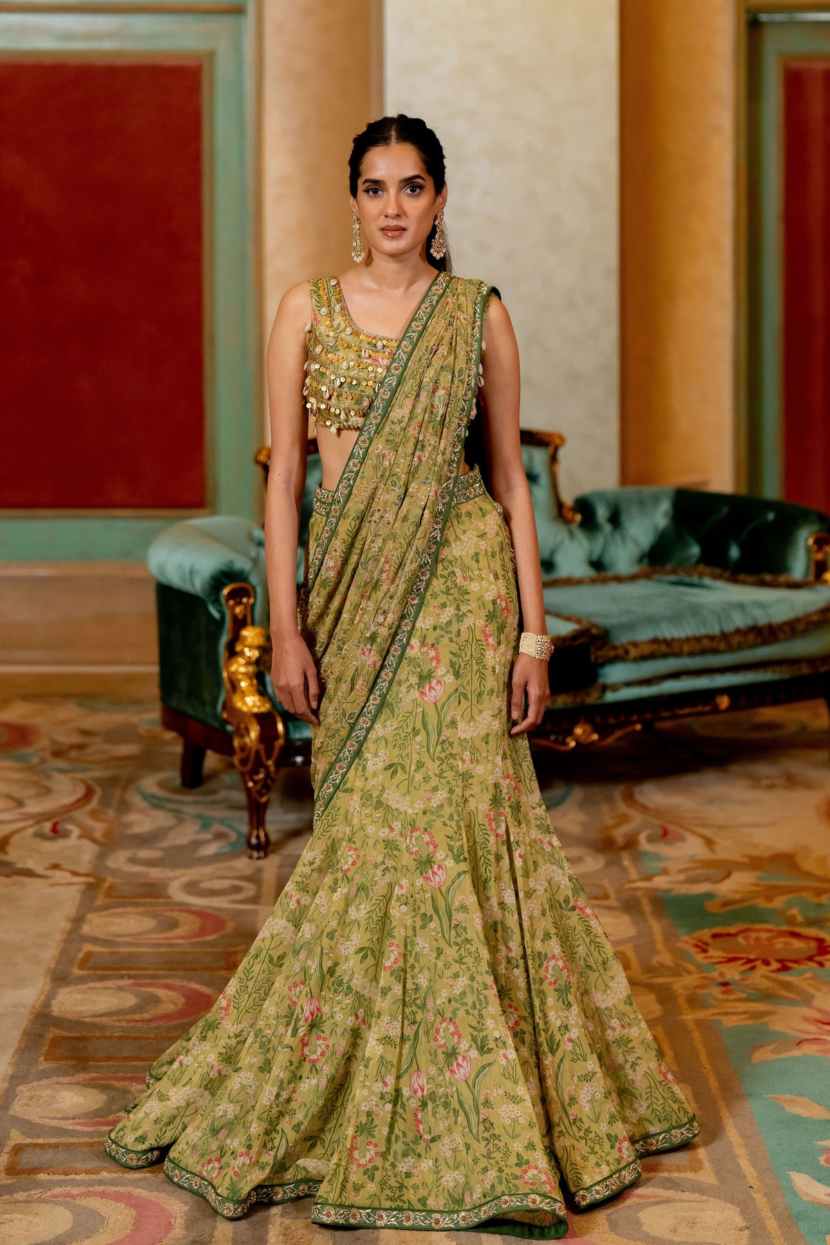 Sage Green Wild Floral Printed Saree Set