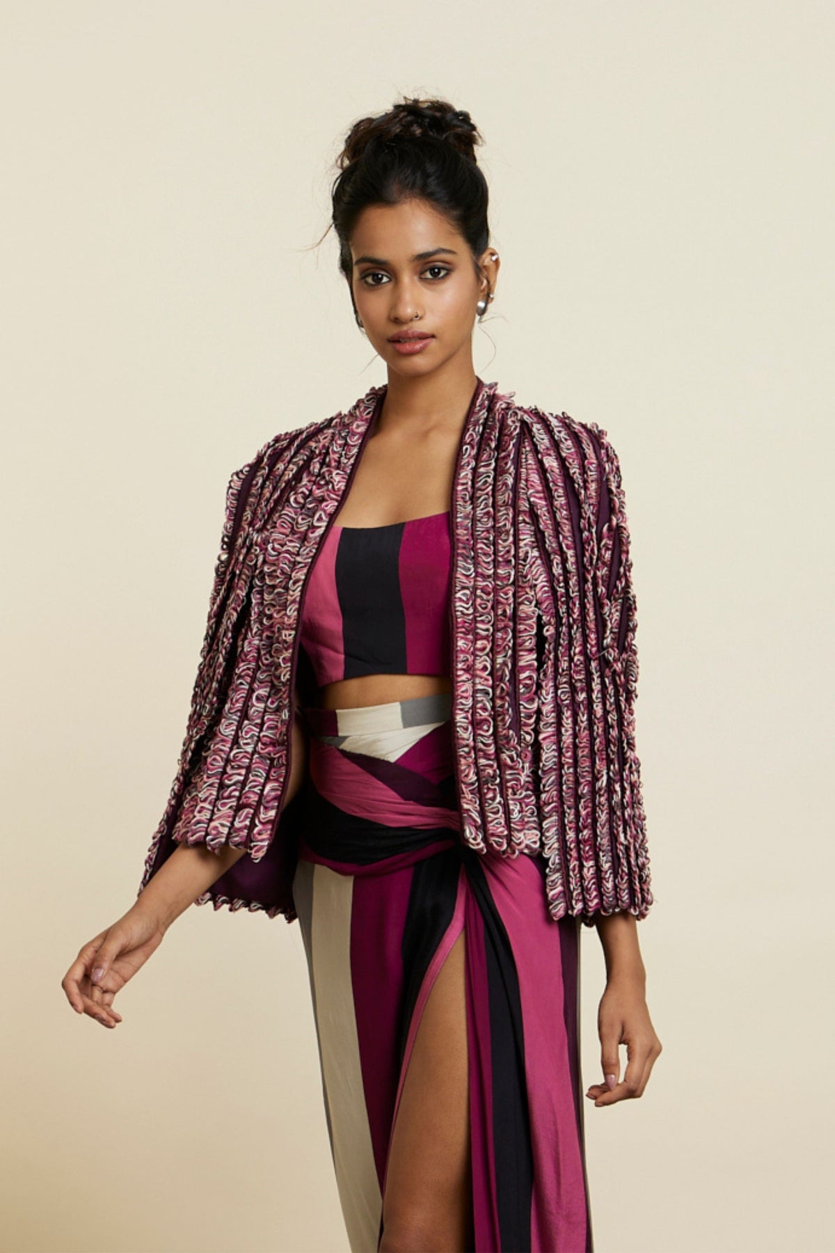 Merlot Textured Noor Jacket Set