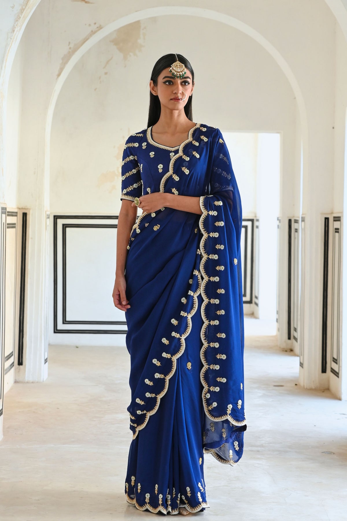 Royal Blue Embroidered Saree Set