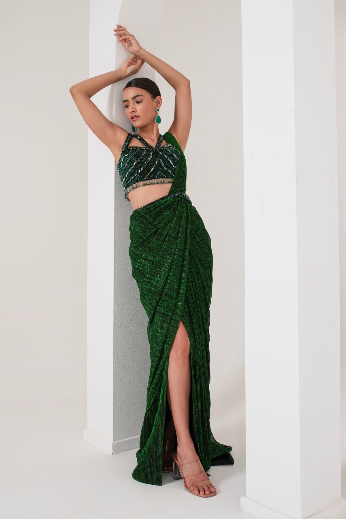 Midnight Green Crystal Saree Set