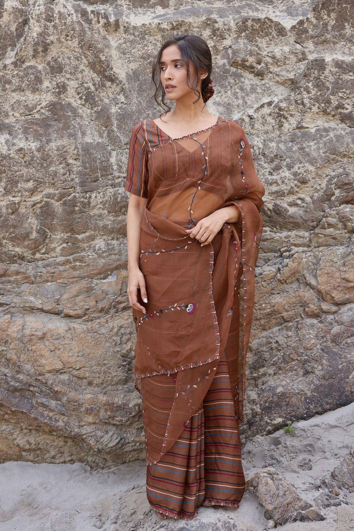 Brown Striped Saree