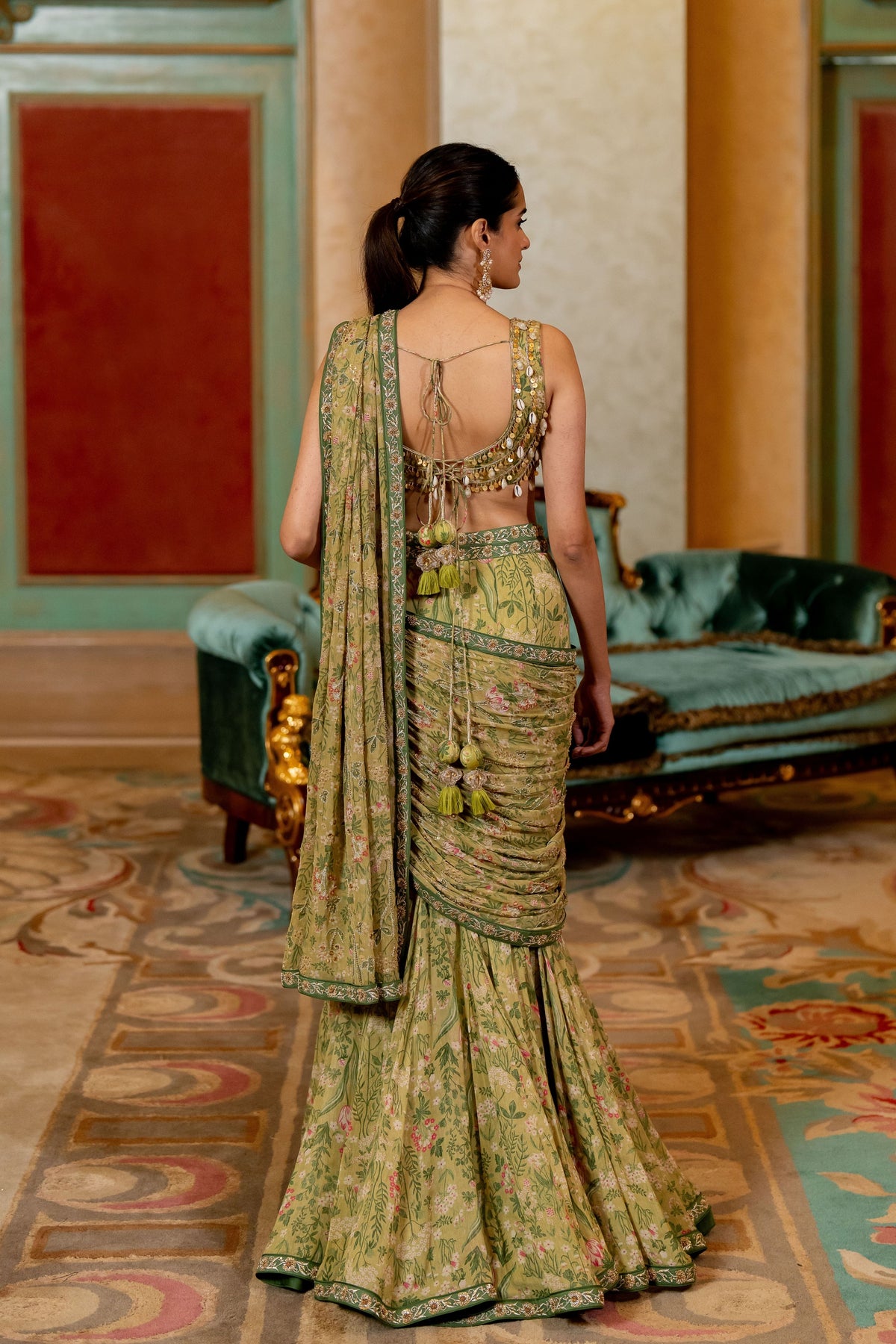 Sage Green Wild Floral Printed Saree Set