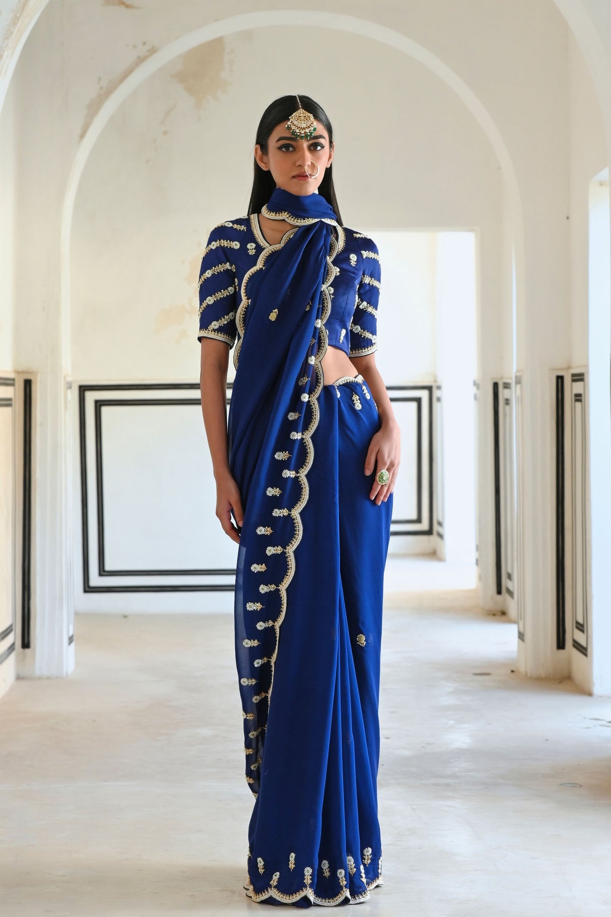 Royal Blue Embroidered Saree Set