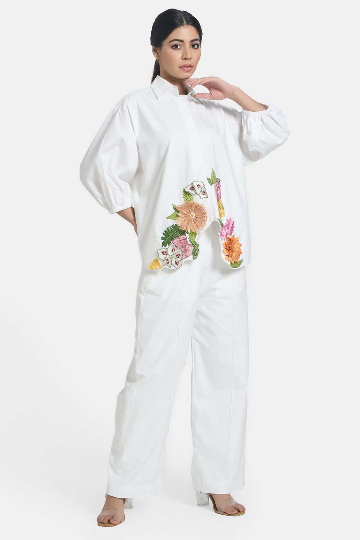 White 3d Flower Summer Shirt