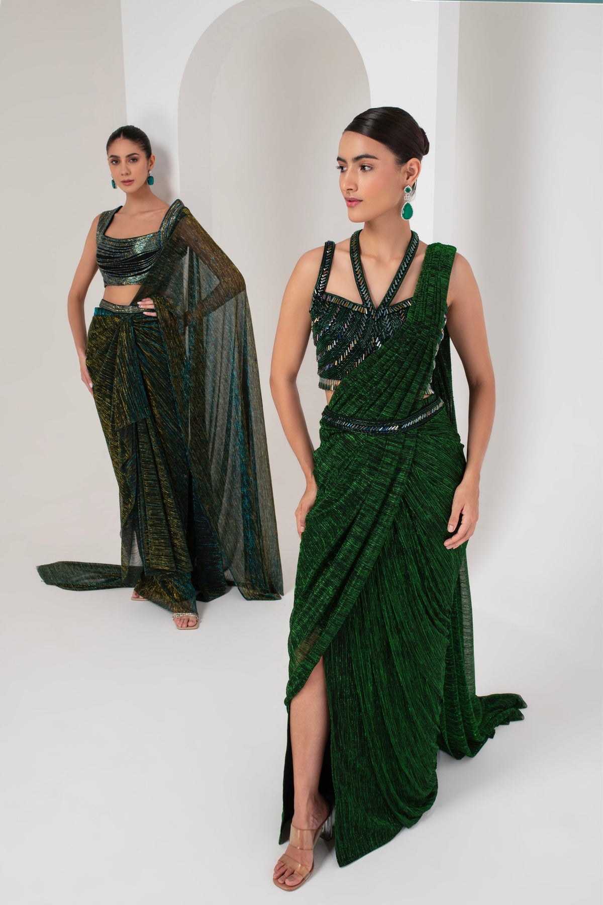 Midnight Green Crystal Saree Set