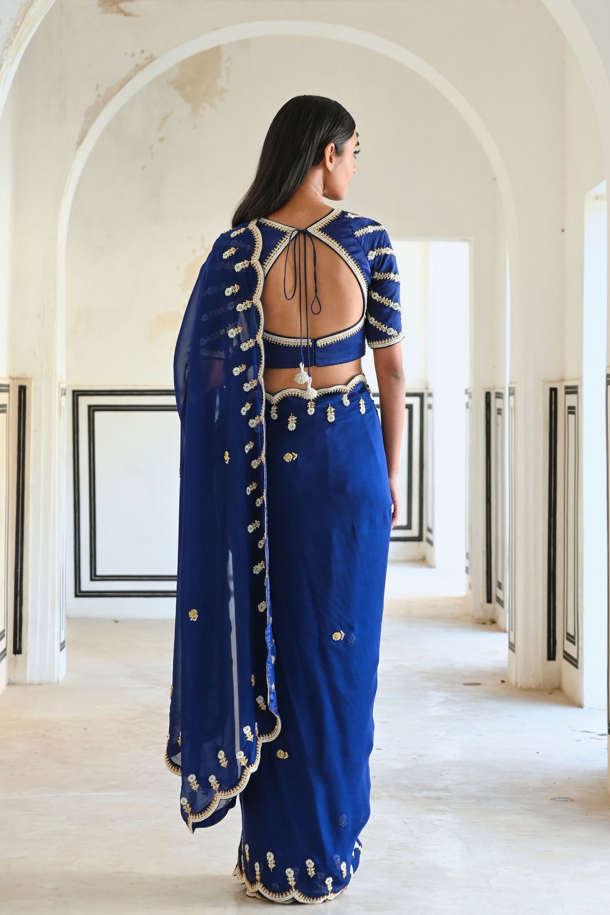 Royal Blue Embroidered Saree Set