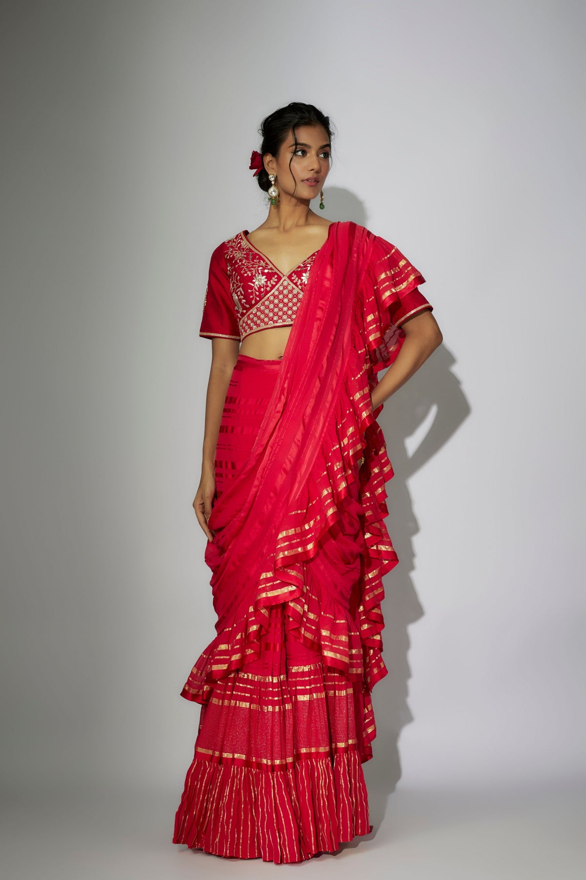 Cherry Red Pre-stitched Saree Set