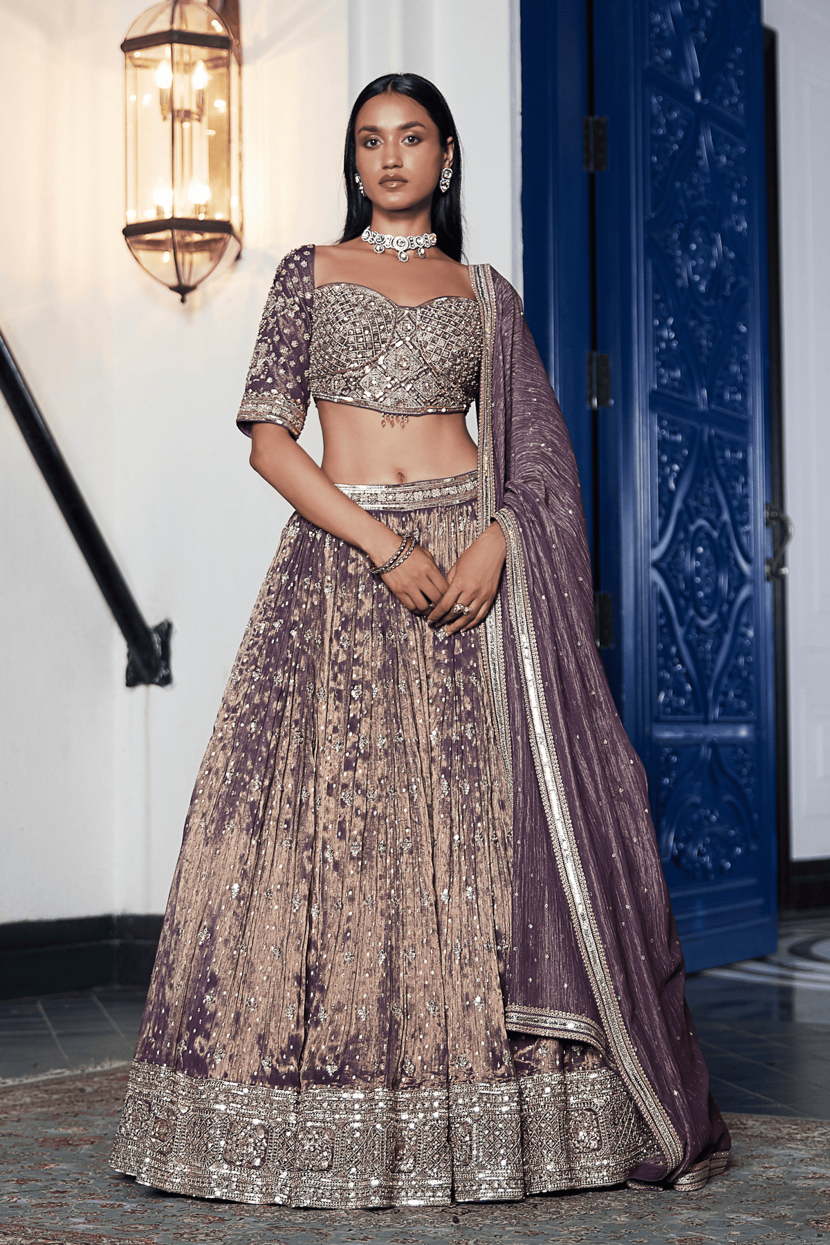 Purple Tissue Embroidered Lehenga Set