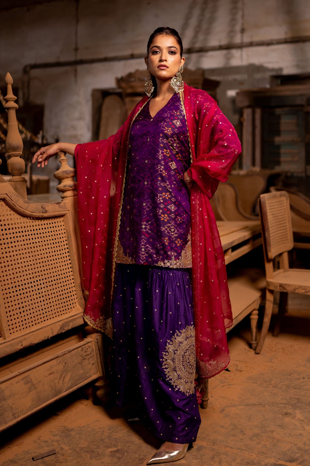 Purple Short Kurta With Sharara