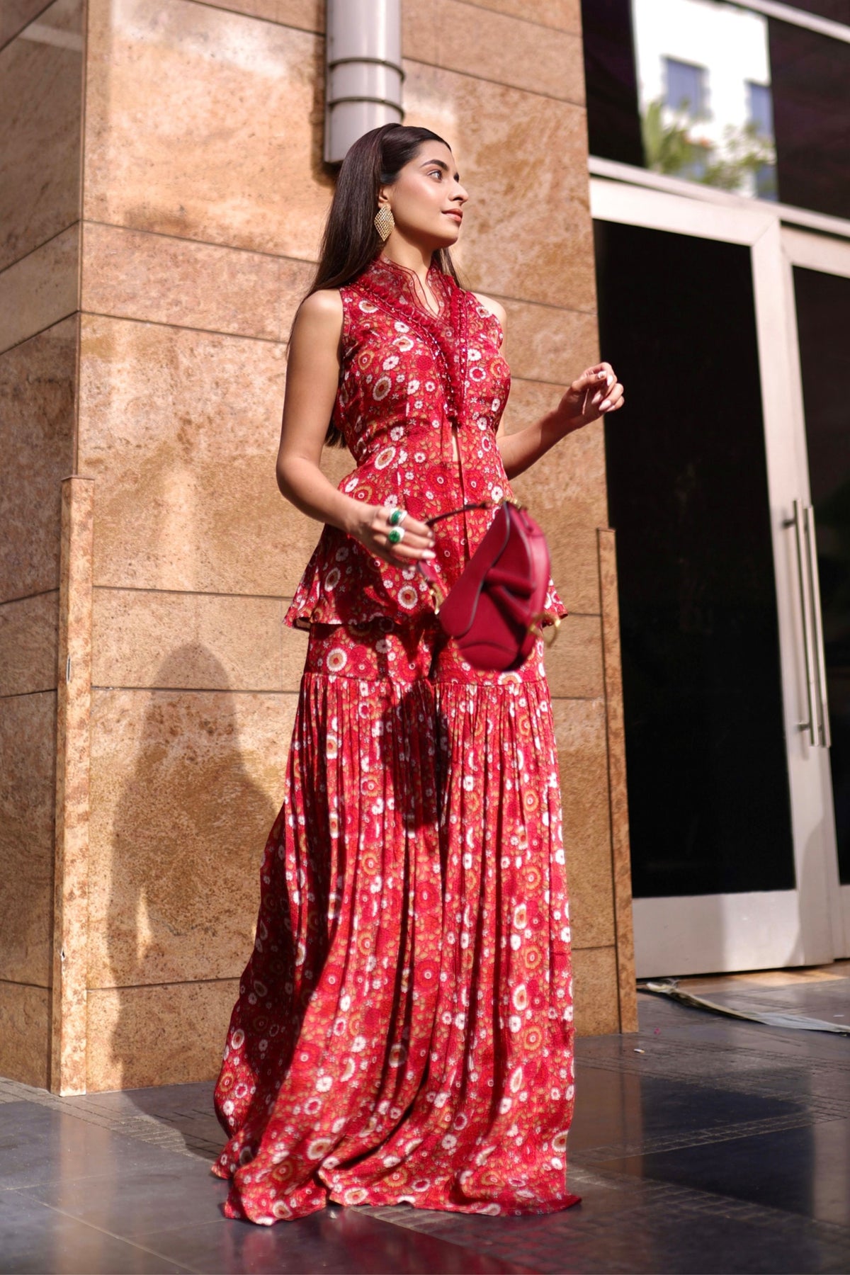 Red Printed Sharara Set