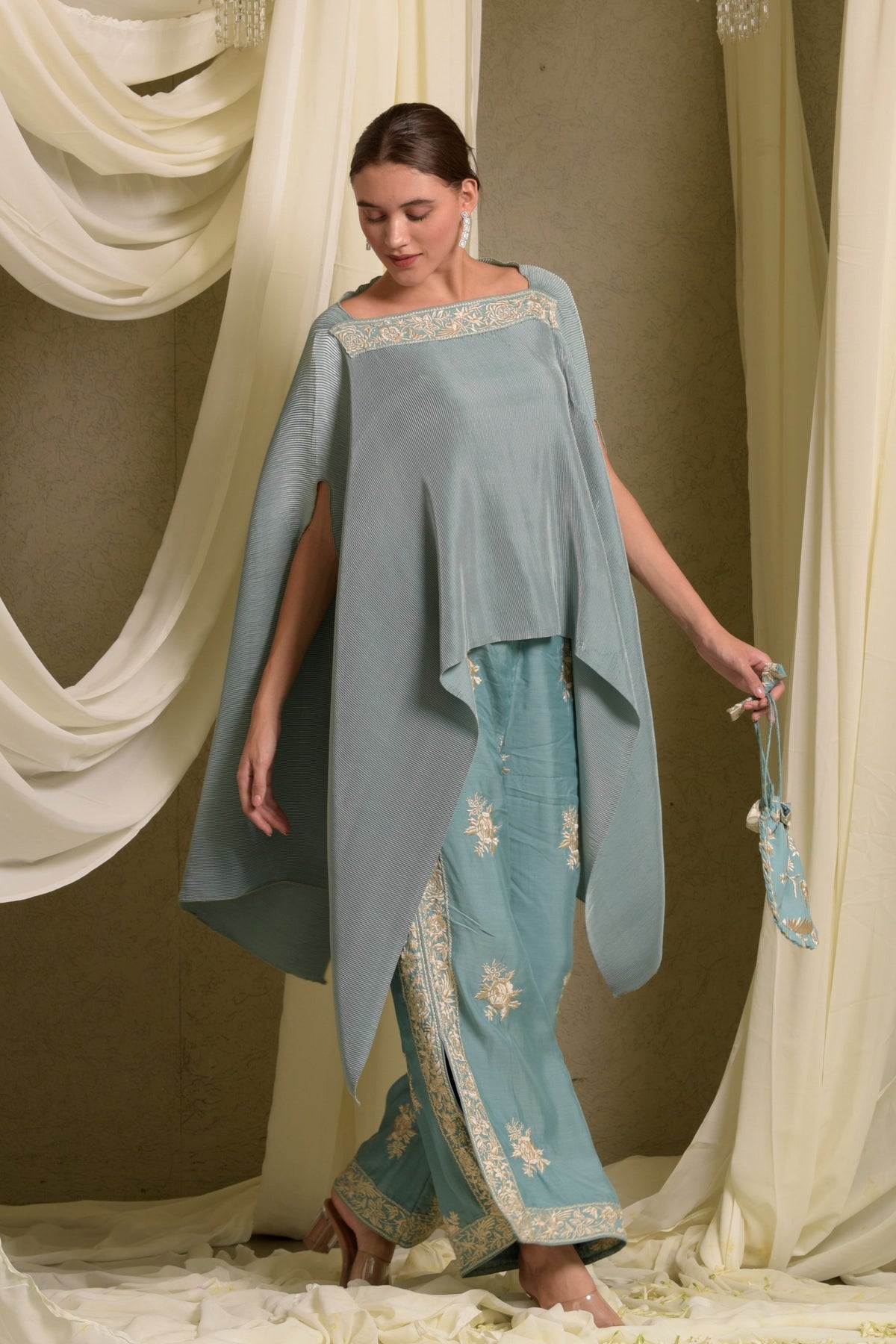 Reyna Gara Glazed Pleated Cape Mint Coordinated Set