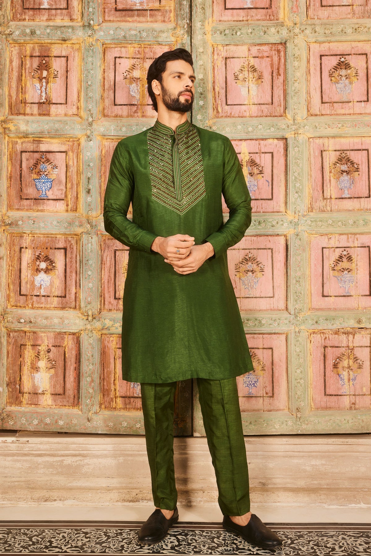 Olive Green Embroidered Kurta Set