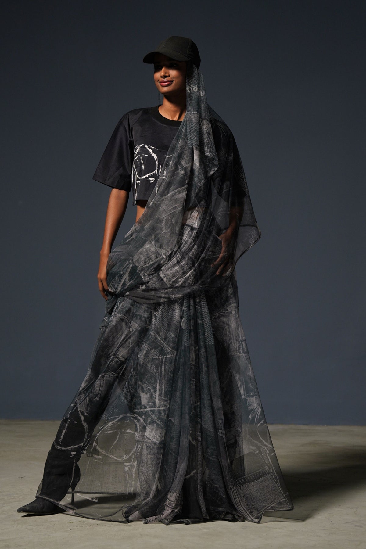 Black Denim Print Saree 