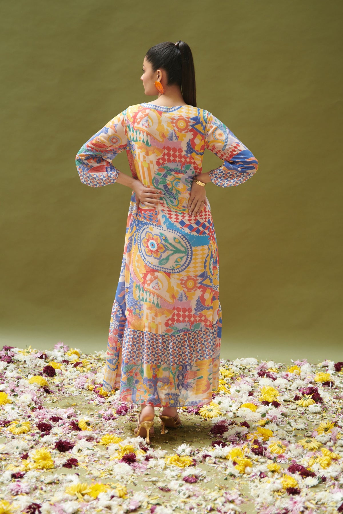 Multicolor Printed Empire-line Long Dress